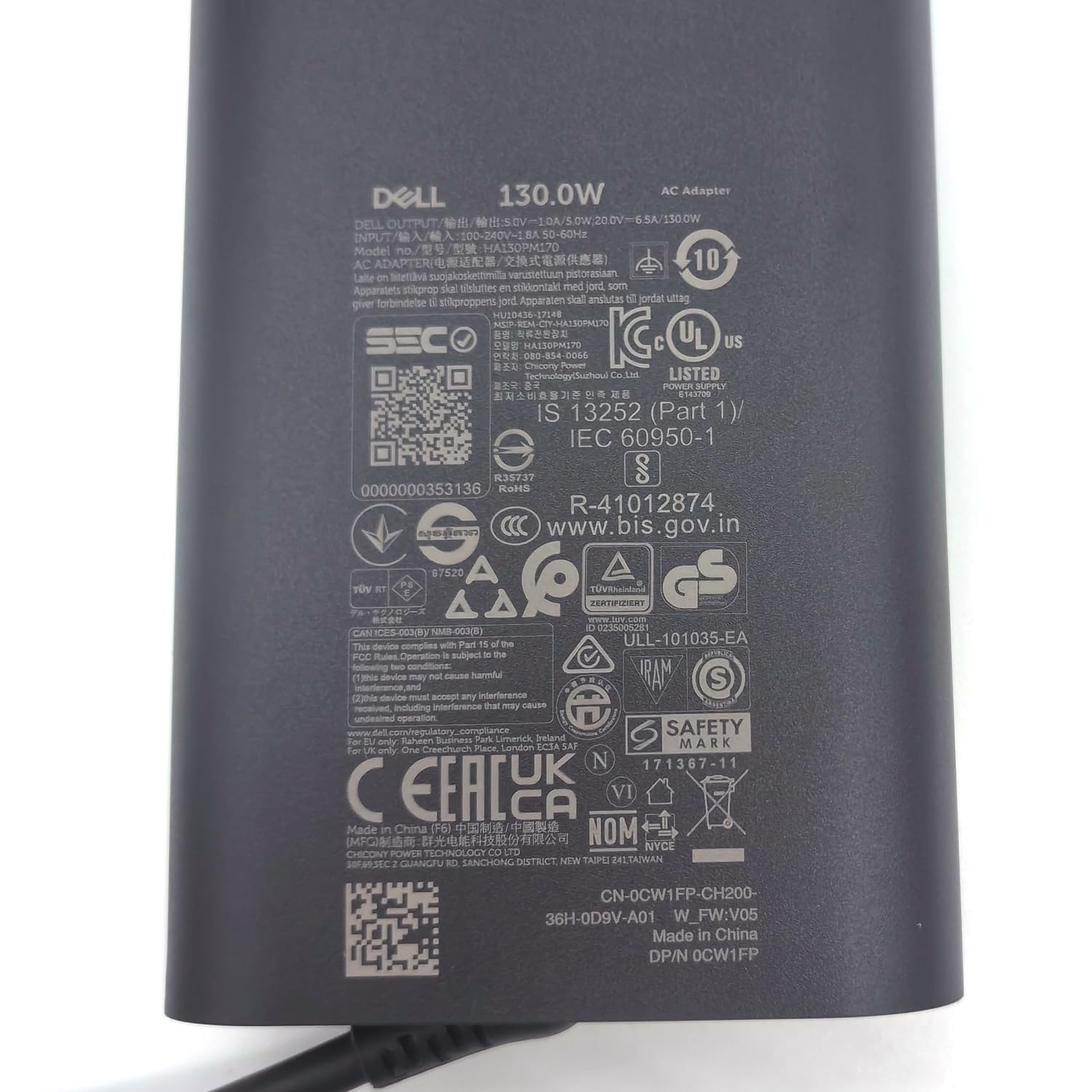 Dell Laptop Charger Gan 130W Usb C Type C Ac Adapter,Xps 15 9520 9530 Xps 17 9720 9730 Ac Charger, Black, Ha130Pm170