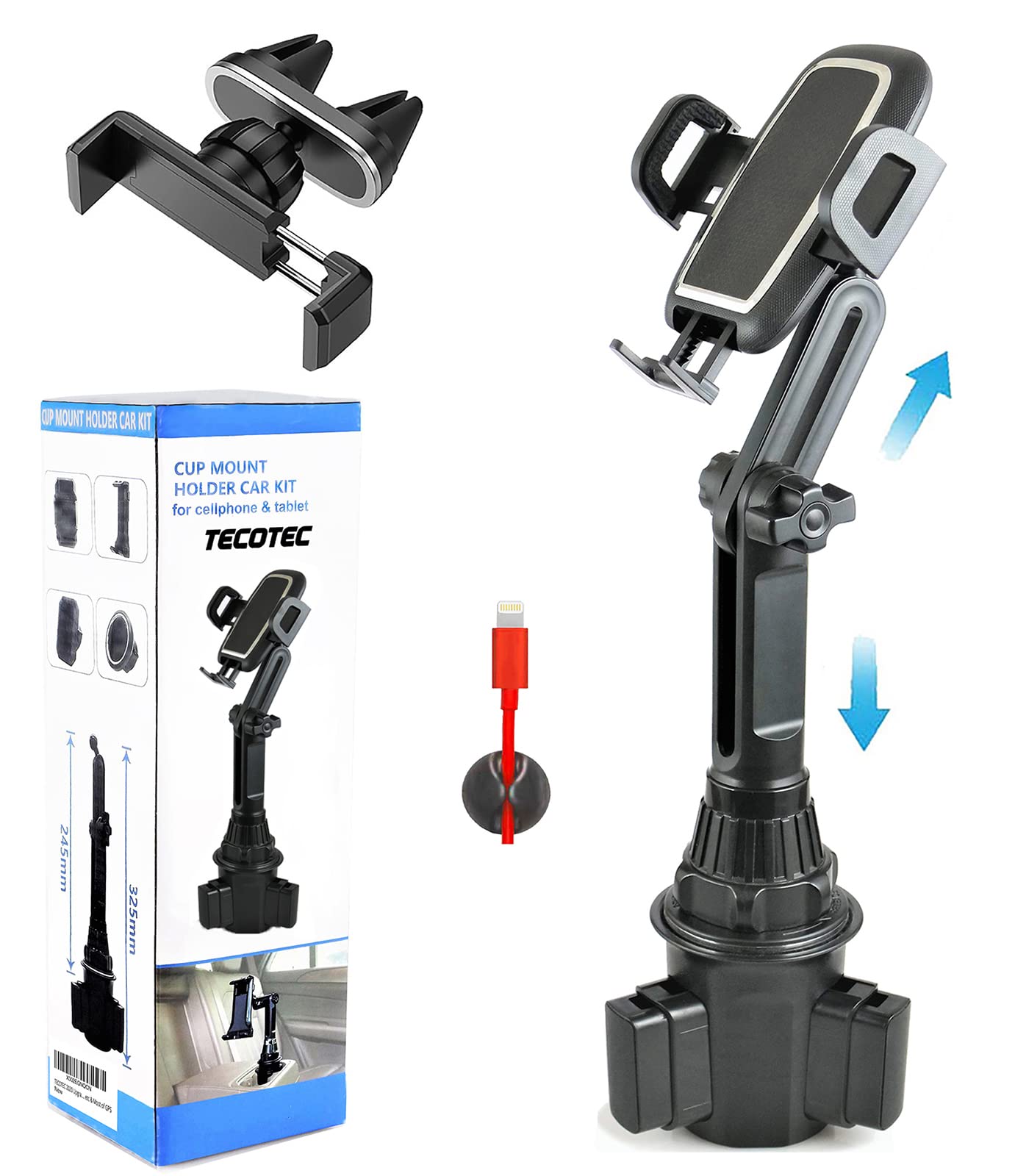 Tecotec Upgraded Car Cup Holder Phone Mount & Air Vent Phone Holder, Universal Adjustable Long Arm Car Cup Holder Fits All Cellp