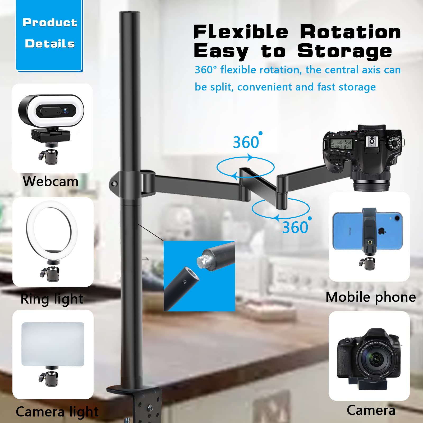 Heavy Desktop Overhead Camera Mount Rig Stand, Top Down Dslr Photography Holder With Flexible Arm And 360 Ball Head, Adjustable