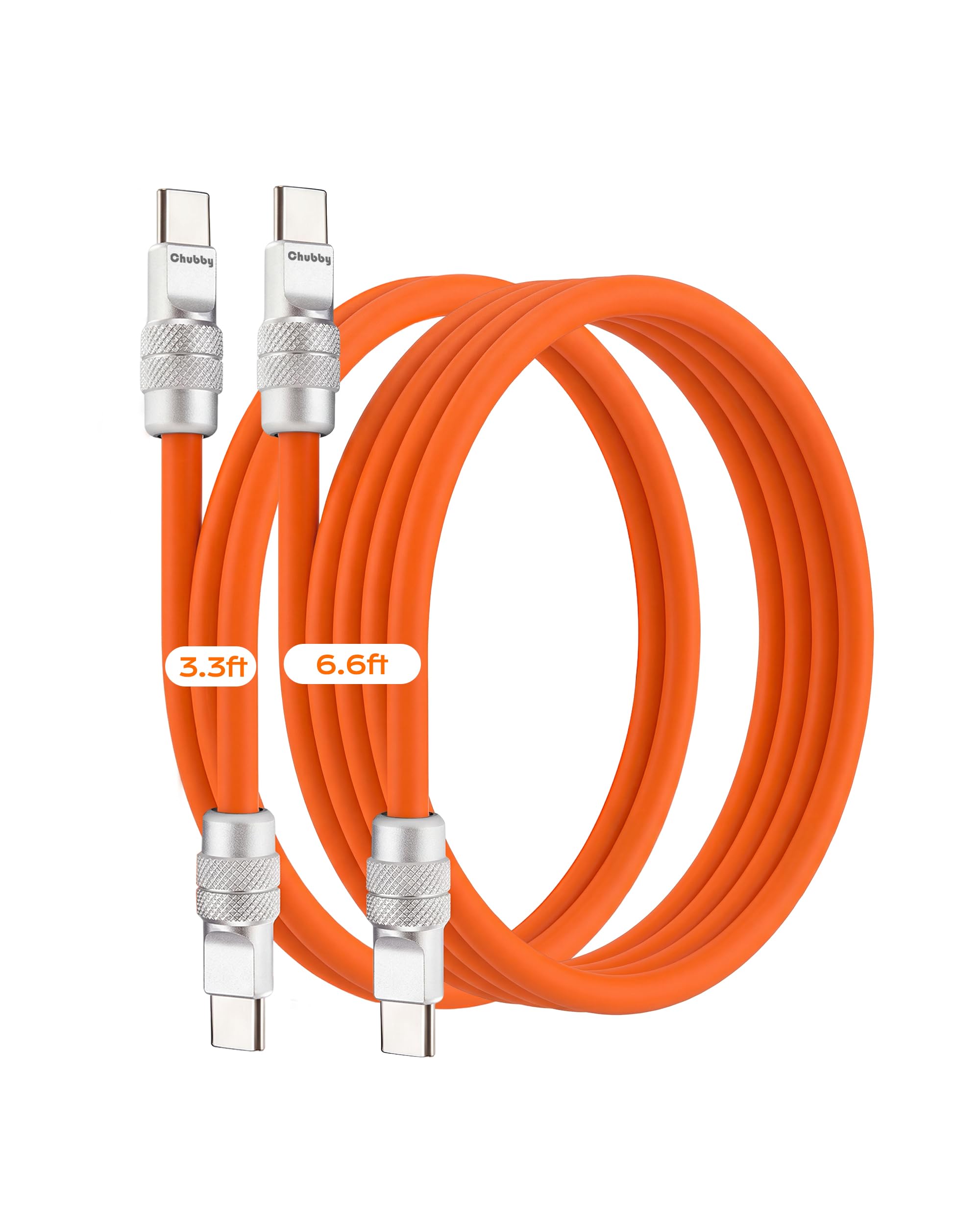 chubbycable Silicone USB C to C Cable, Orange, 2 Pack [3.3ft + 6.6ft]