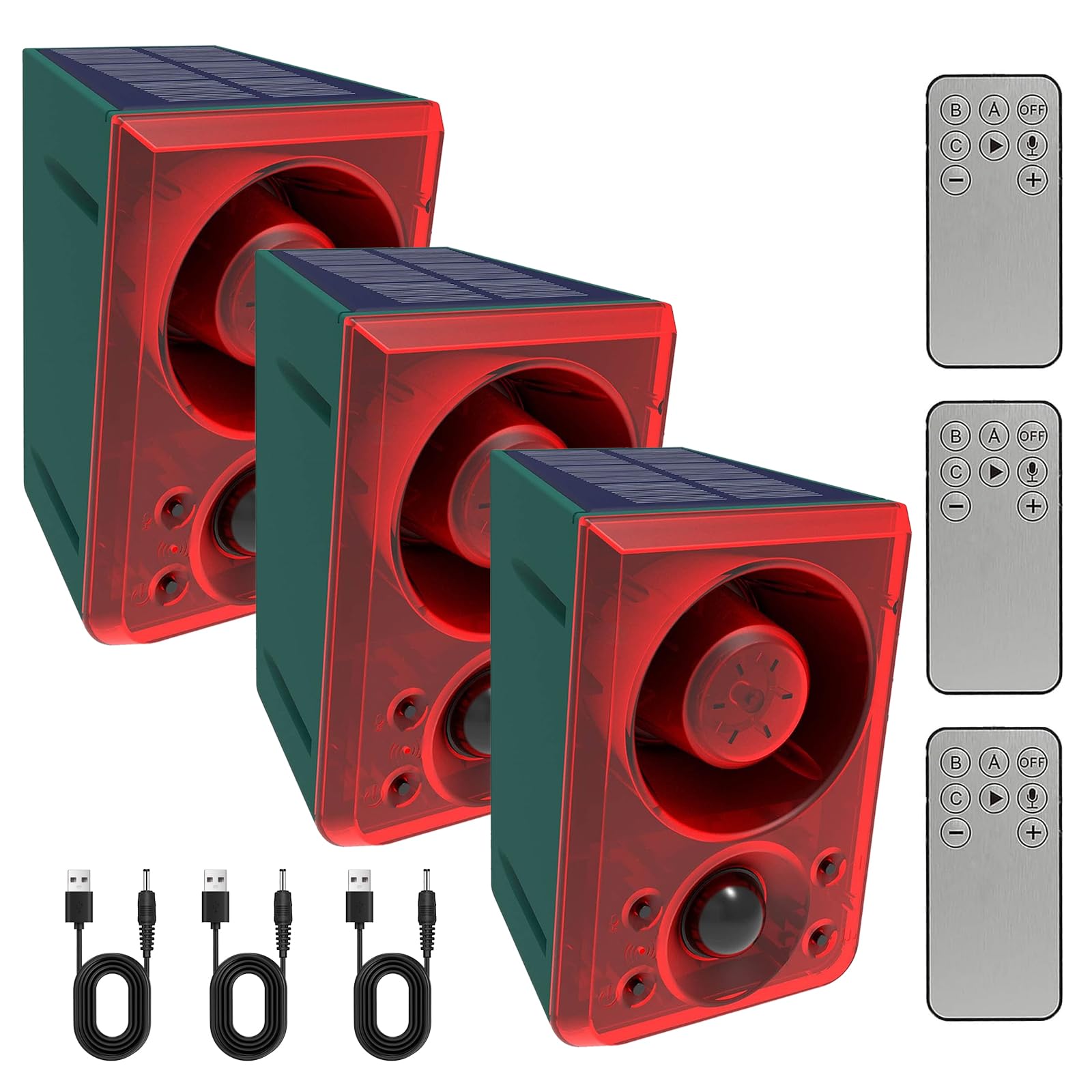 Chunhee Solar Outdoor Motion Sensor Alarm With Dog Barking Gunshot Sound, Support Recording And Adjustable Volume, 130Db Loud Motion Activated Noise Maker For Home, Garden, Yard, Farm 3 Pack