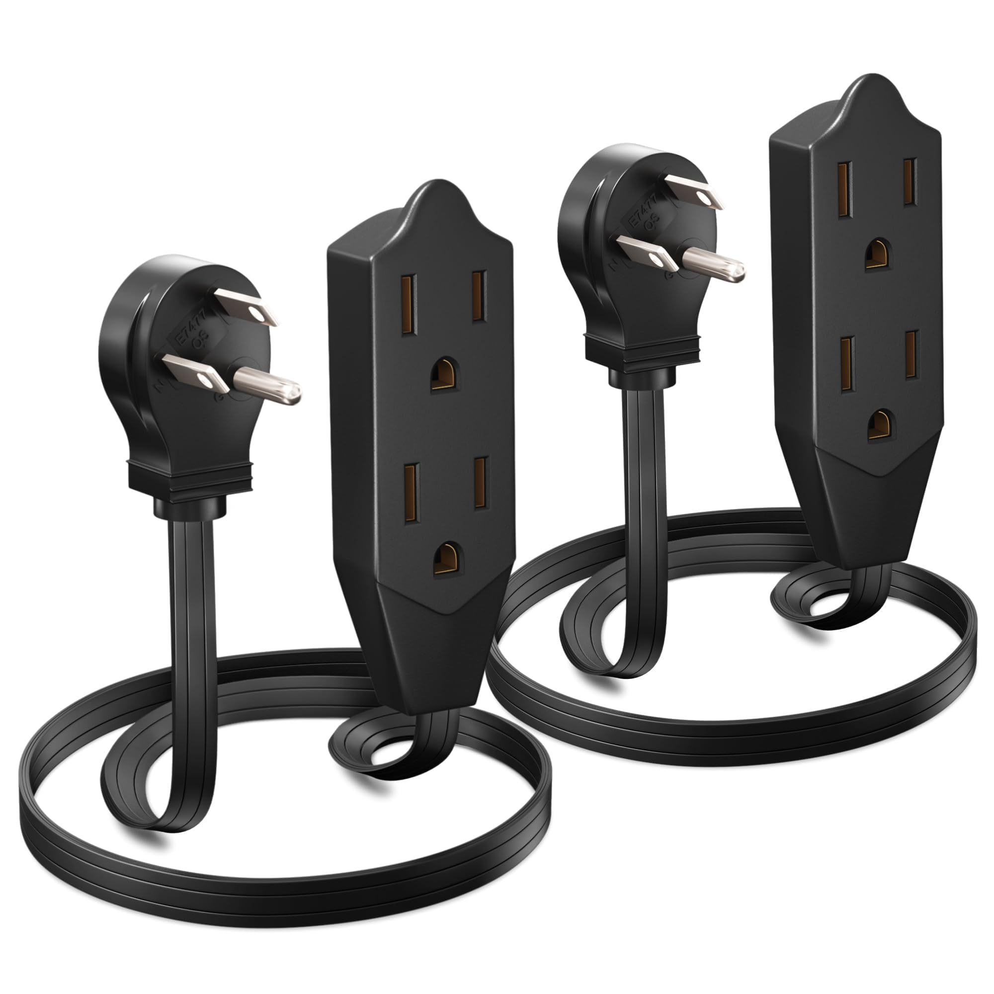Maximm Cable 1 Feet Flat Plug Extension Cord/Wire, Multi Outlet   3 Prong Angled Plug Extension Cord   Black Ul Certified (2 Pac