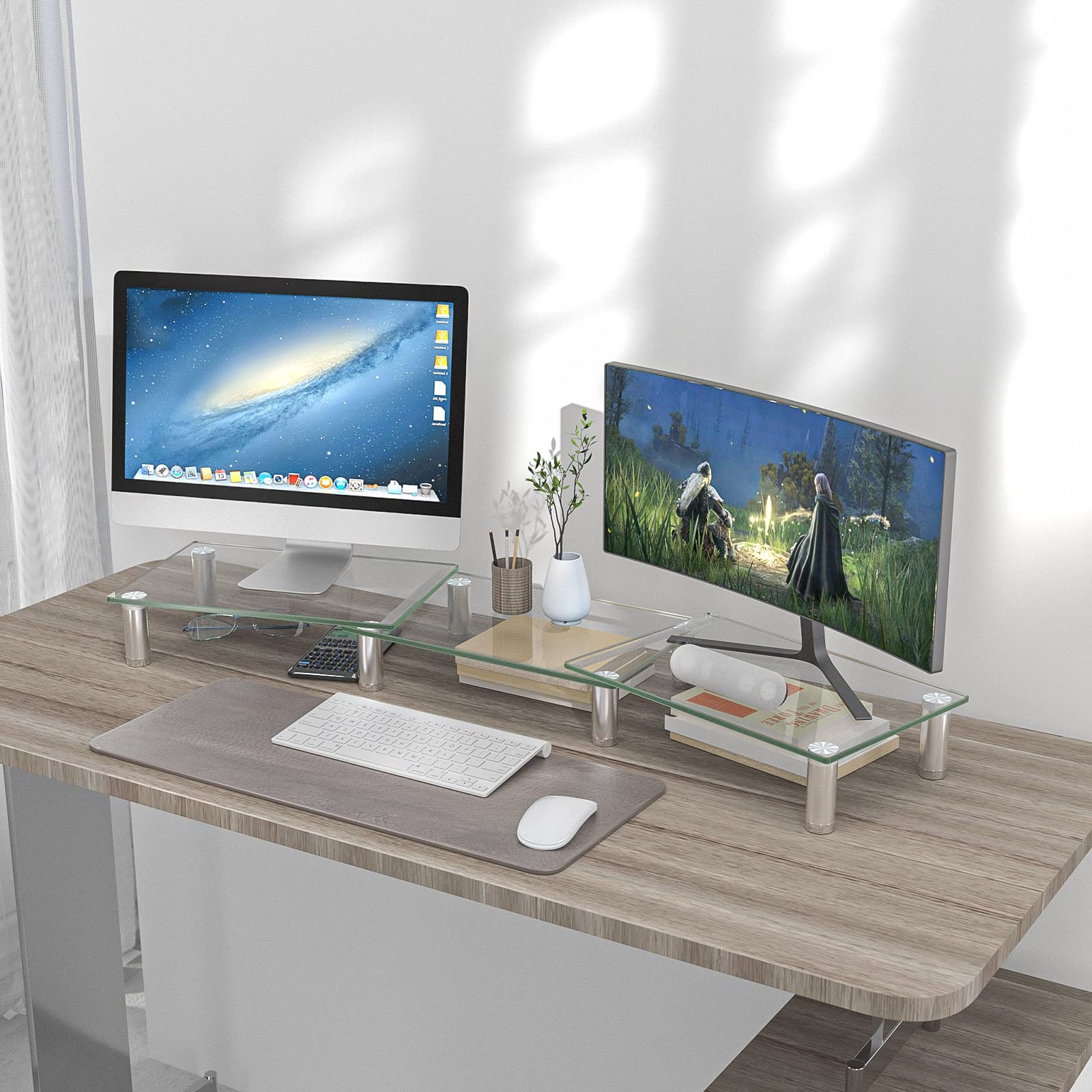 Hemudu Dual Monitor Stand - Adjustable Length & Angle, Stainless Steel Legs, Tempered Glass, Clear, Model HD07T-301, Desktop Organizer