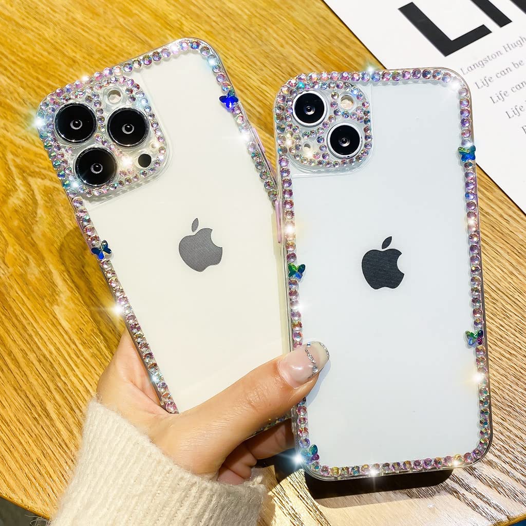 Banailoa Bling Iphone 14 Plus Case For Women,Clear Glitter Cute Case With Rhinestones Diamond Soft Tpu Camera Lens Protective Gi