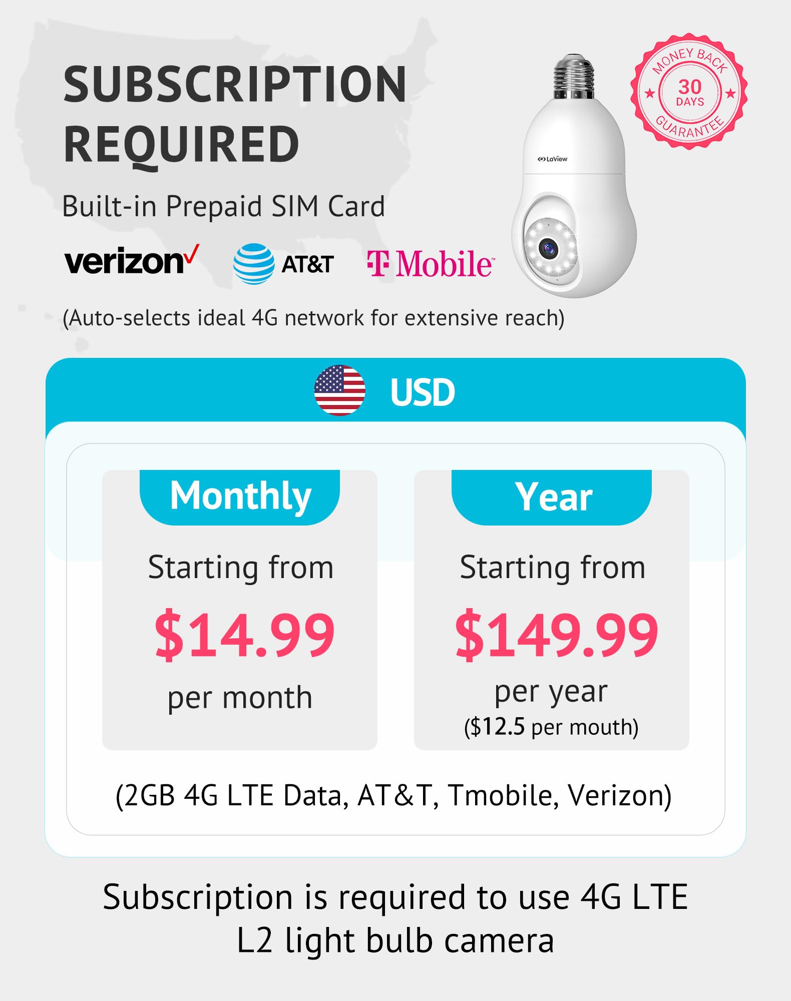 Laview 4G Lte Cellular Light Bulb Security Camera,360�2K Security Cameras Wireless Outdoor Indoor 4Mp Full Color Day And Night,Motion Detection, Audible Alarm,Easy Installation,Compatible With Alexa