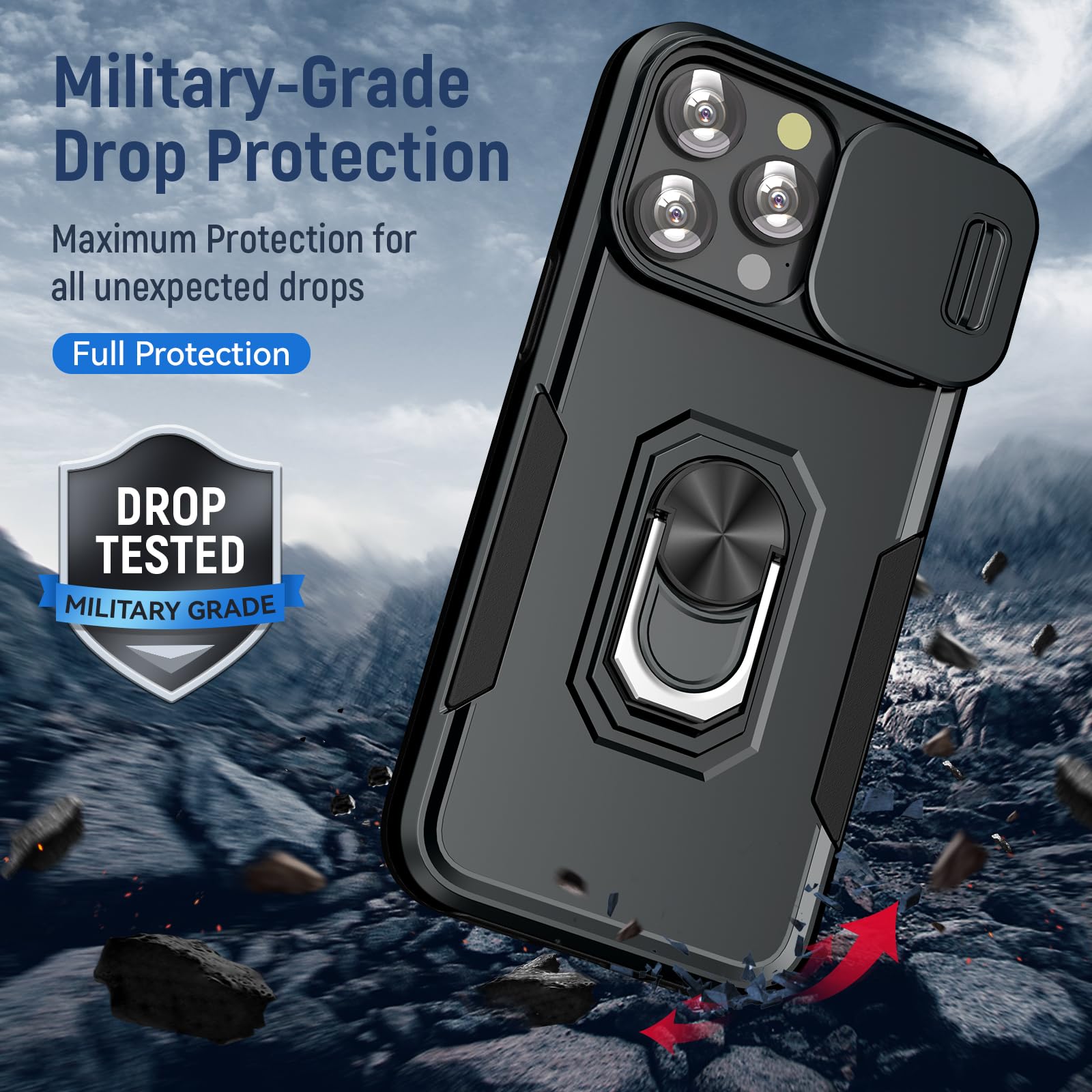 Sefing Case For Iphone 15 Pro Max Phone Case Iphone 15 Pro Max Case With Slide Camera Cover, With Finger Ring Holder Stand, Fit