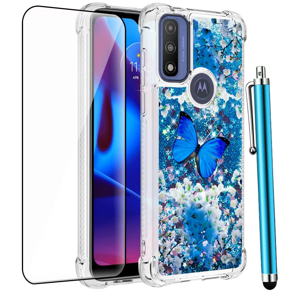 Caiyunl For Moto G Pure Case With Glass Screen Protector,Moto G Power 2022 Case Glitter Bling Floating Liquid Cute Women Girls S