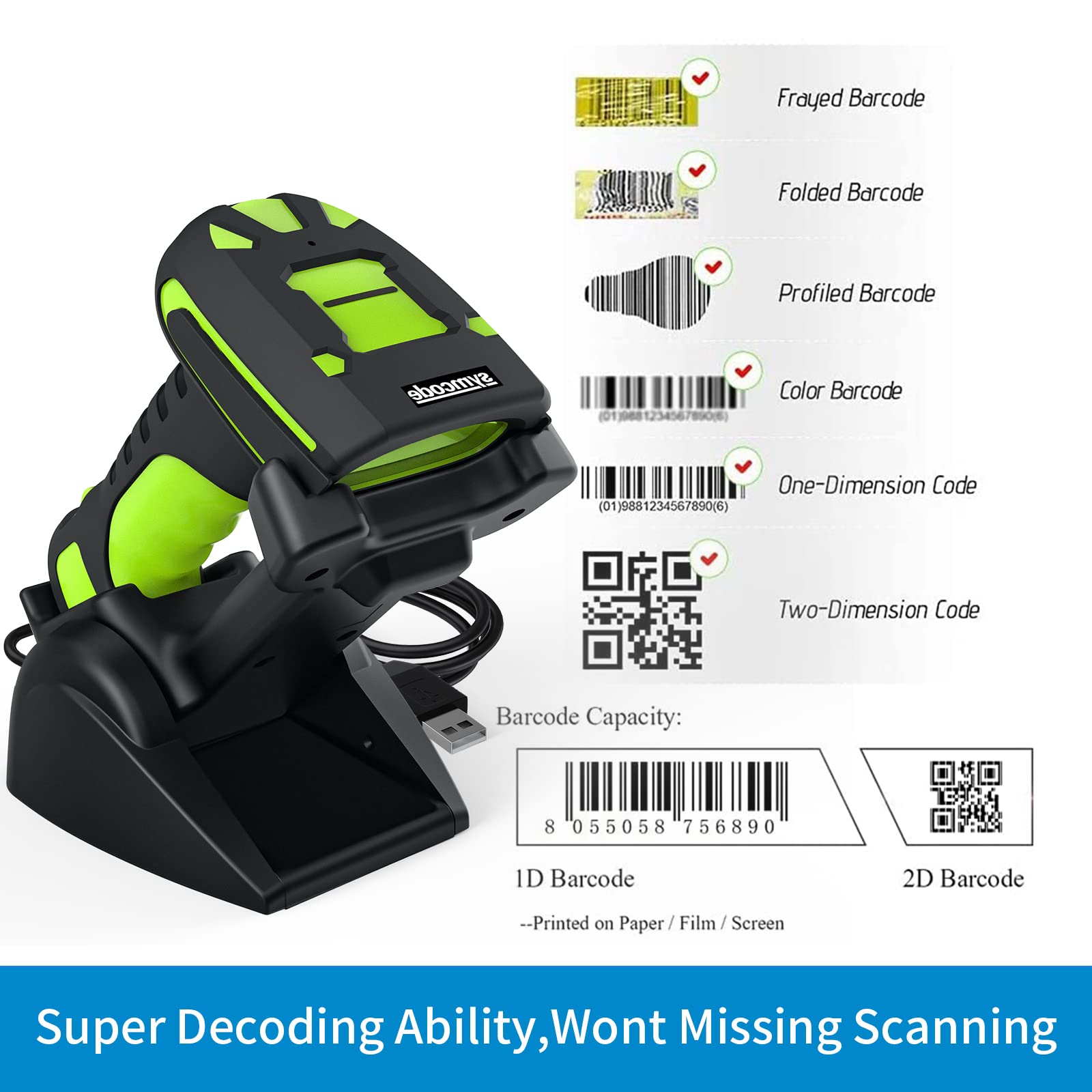 2D Bluetooth Industrial Barcode Scanner, Industrial Bar Code Reader With Wireless 433Mhz 1800 Feet Transmission Distance,For Int