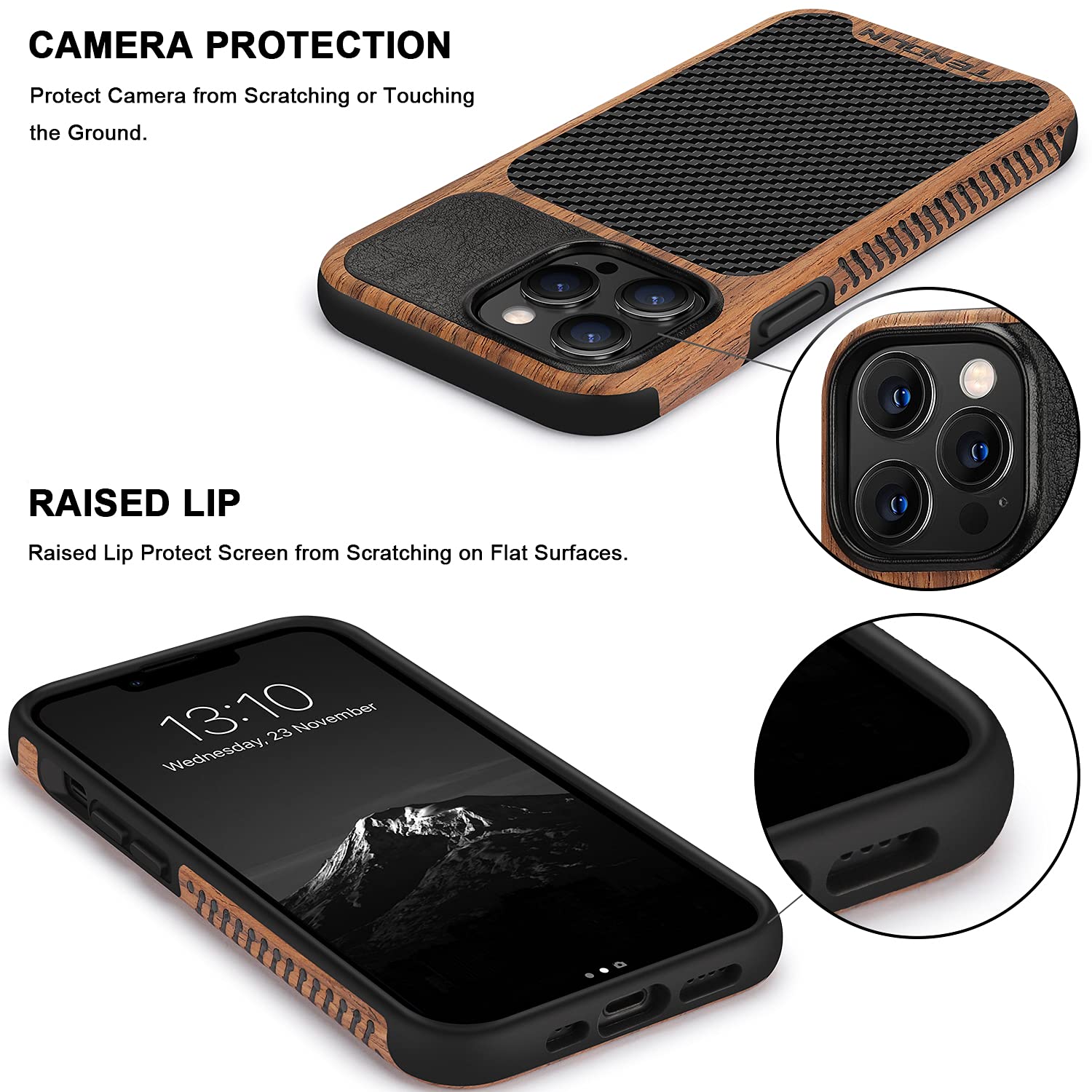 Tendlin Compatible With Iphone 13 Pro Case Wood Grain With Carbon Fiber Texture Design Leather Hybrid Case Compatible For Iphone