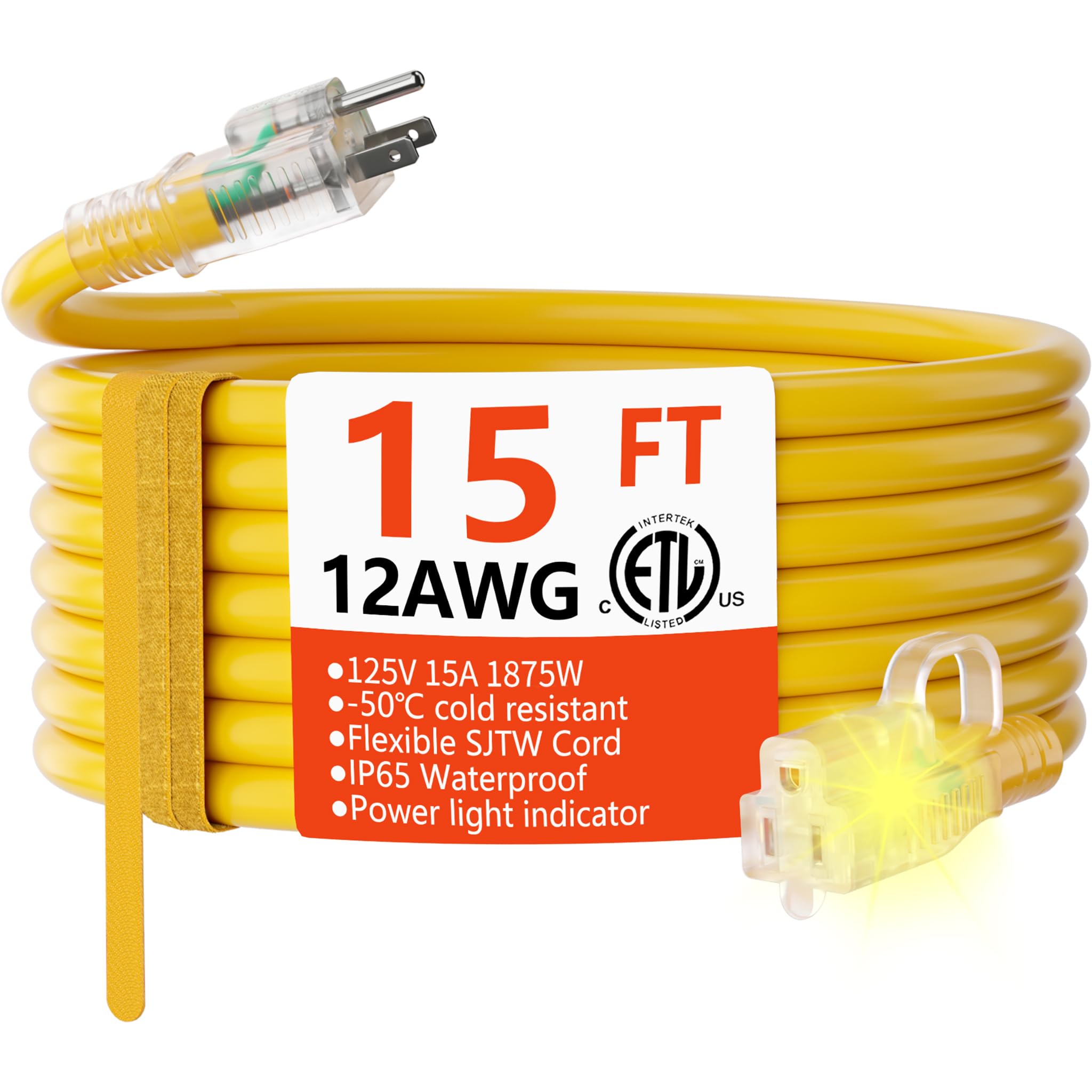 Huanchain 12/3 Gauge Heavy Duty Outdoor Extension Cord 15 Ft Waterproof With Lighted End, Flexible Cold Resistant 3 Prong Electr