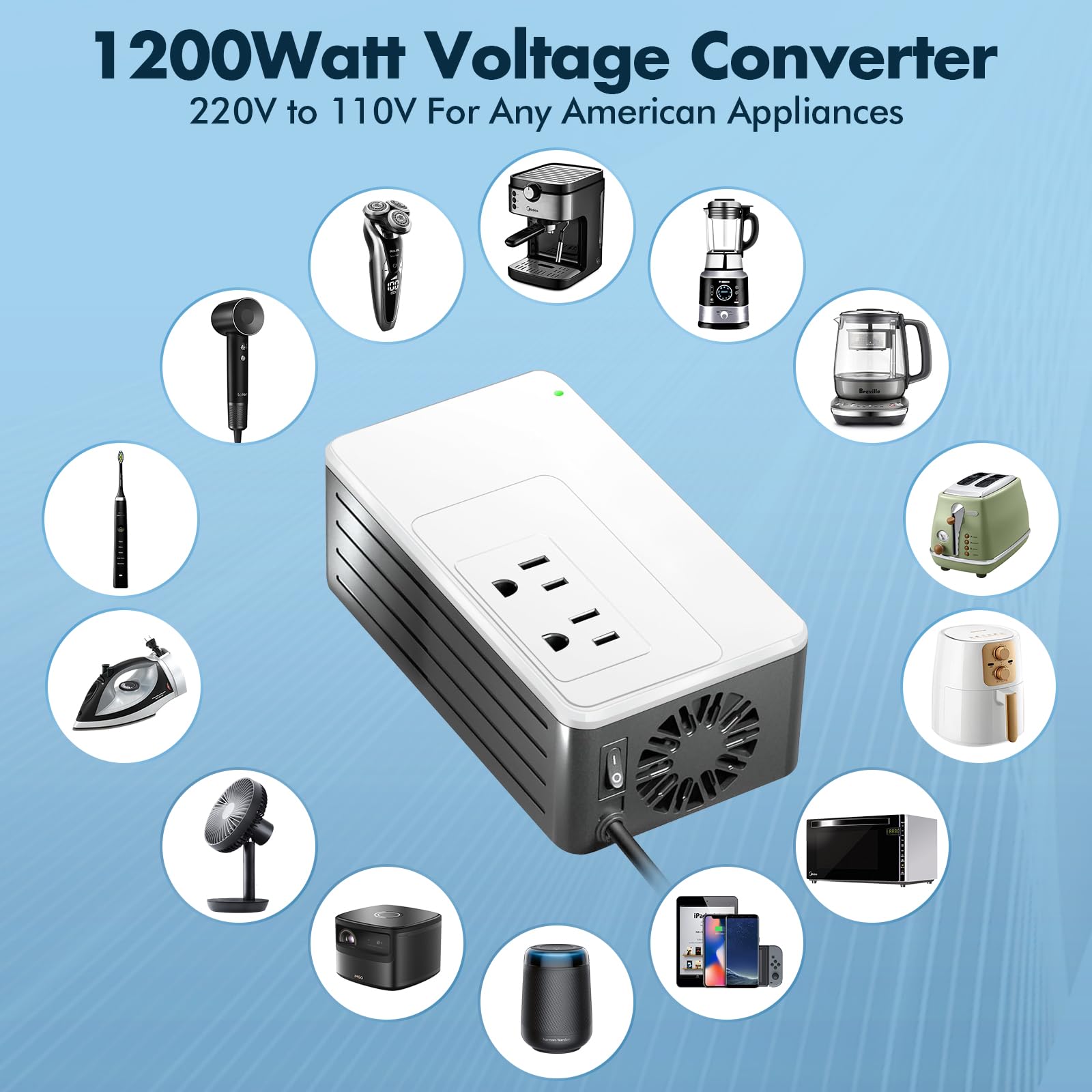 1200W Universal Travel Adapter Converter Step Down 220V To 110V, 2 Lbs Light Weight, Stable Pure Sine Wave, For Hair Dryers, Str