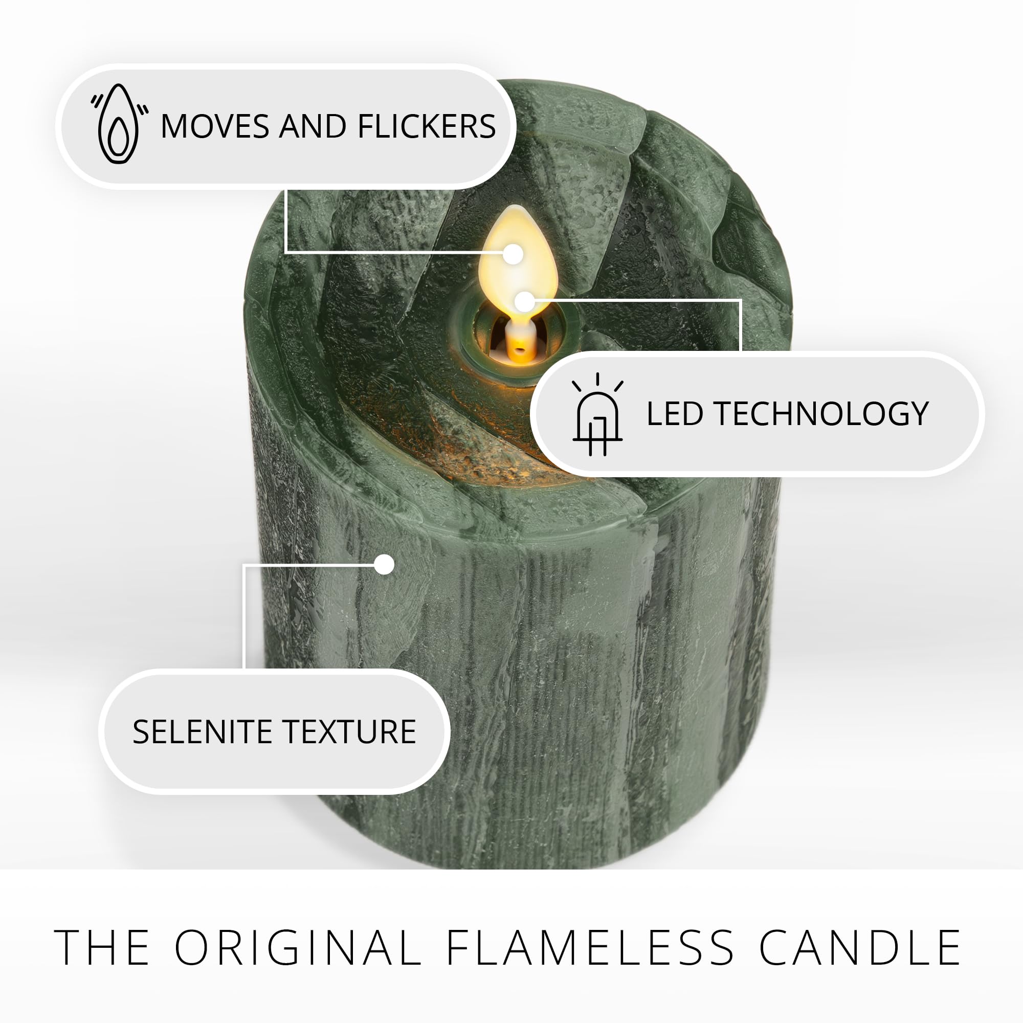 Luminara Selenite Looking Flameless Candle, Holiday Green 3'' X 4.5'', Battery Operated Real Wax Moving Flame Led Pillar W/Timer