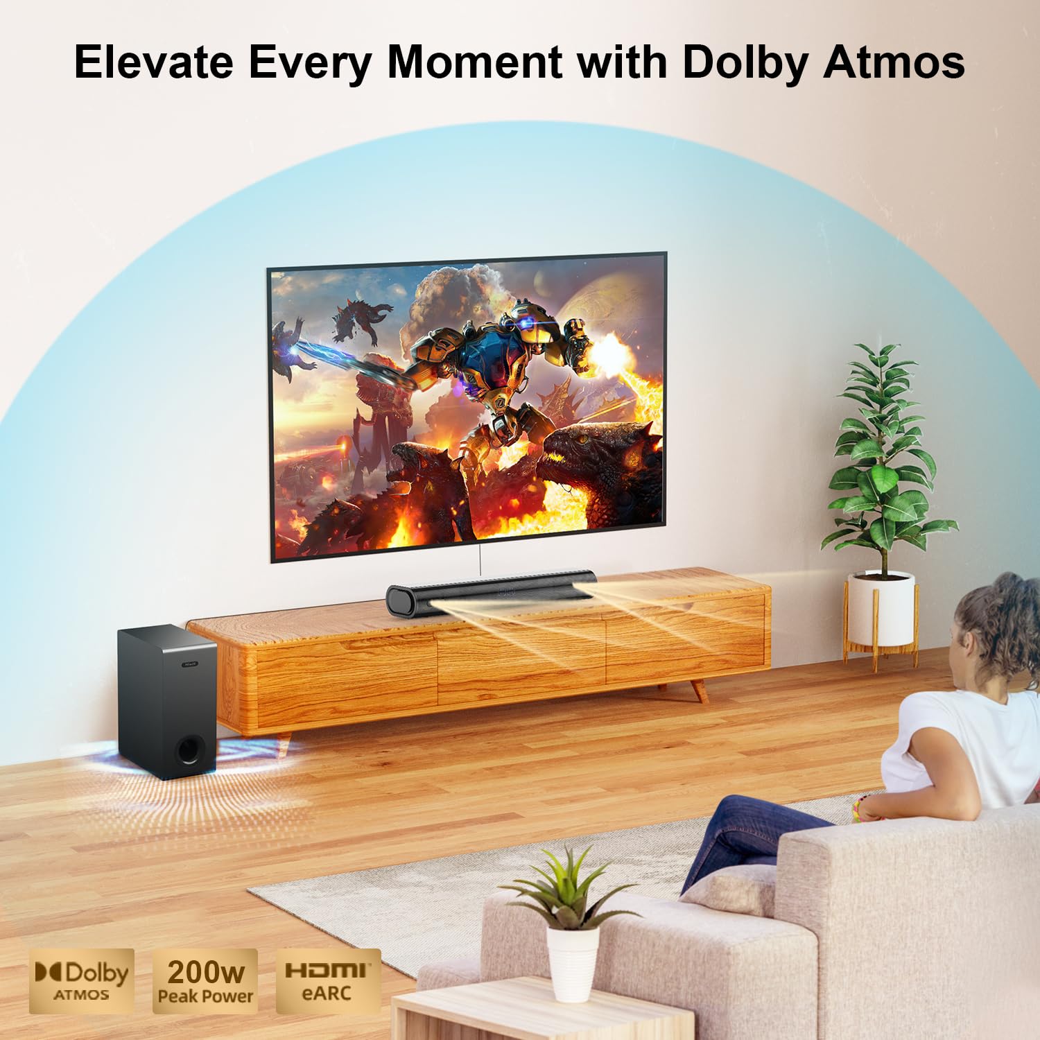 Hiwill Dolby Atmos Sound Bar For Smart Tv, 200W Peak Power, Home Theater Soundbar For Tv With Subwoofer, Adjustable Treble And B