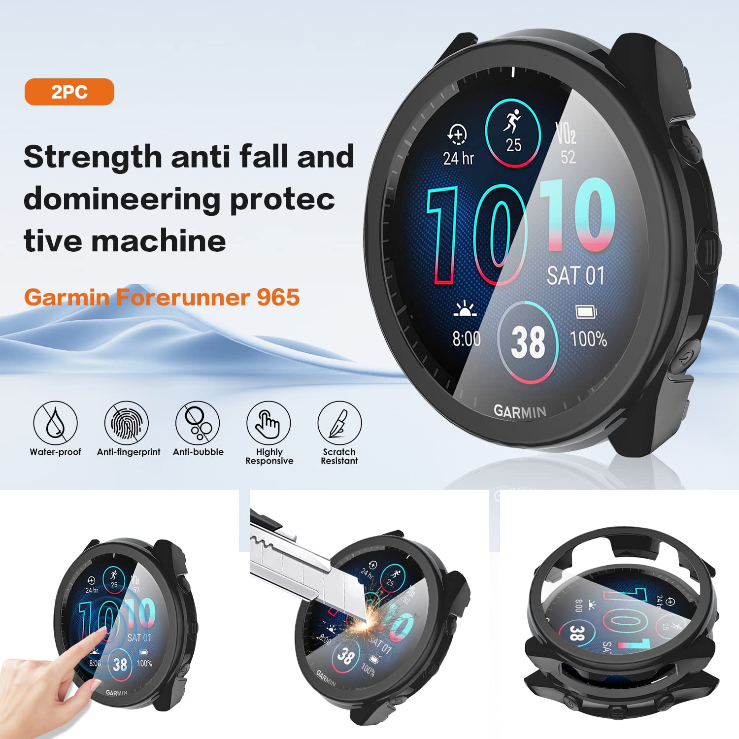 Suoman 2+6 Pack For Garmin Forerunner 965 Screen Protector Case + Charger Port Protector, Anti Dust Plugs + Tempered Glass Full