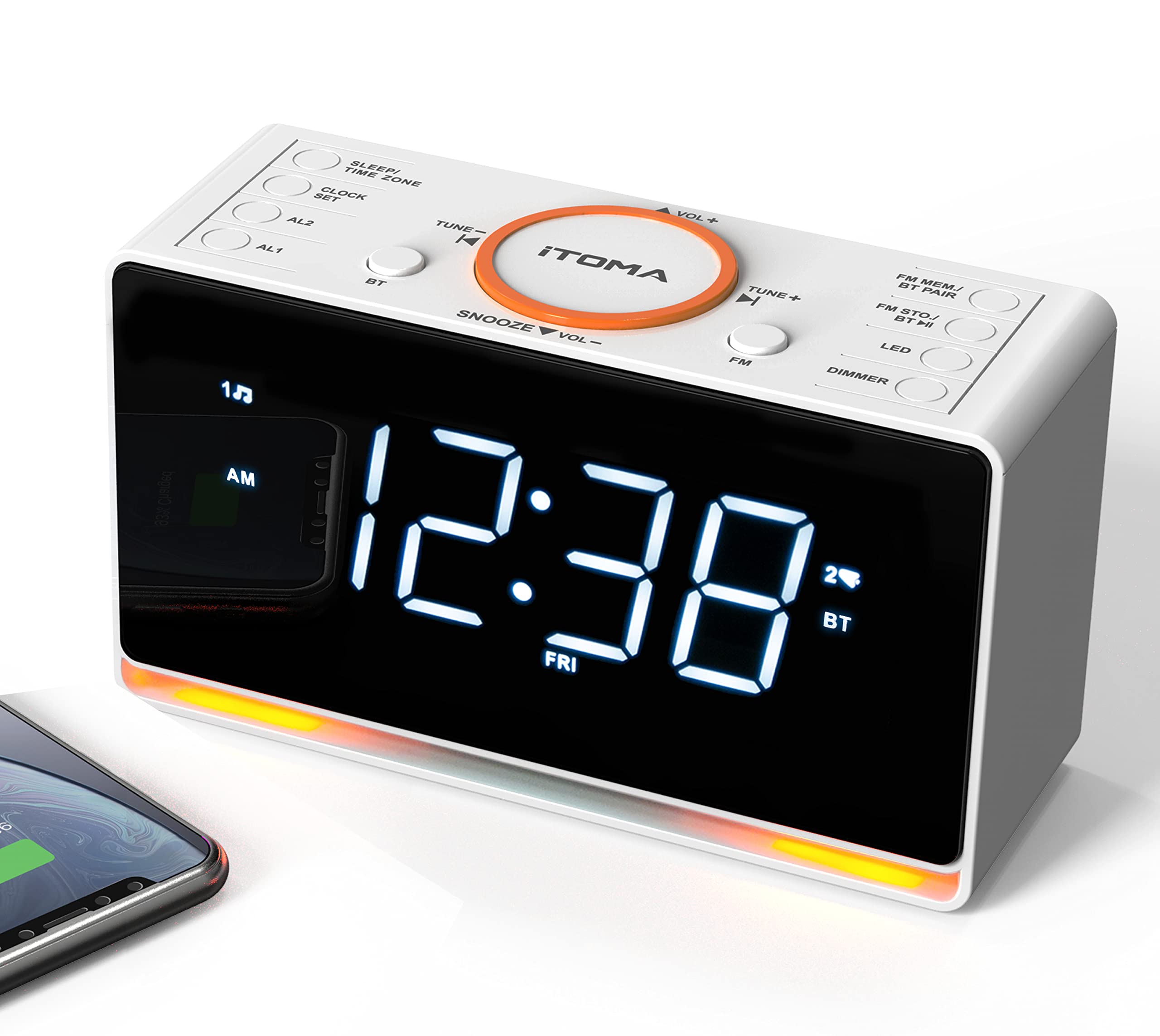 Itoma Alarm Clock Radio, 1.4'' White Led Display Clock With Bluetooth, Fm Radio, Dual Alarm, Sleep Timer, Snooze, Auto & Manual 