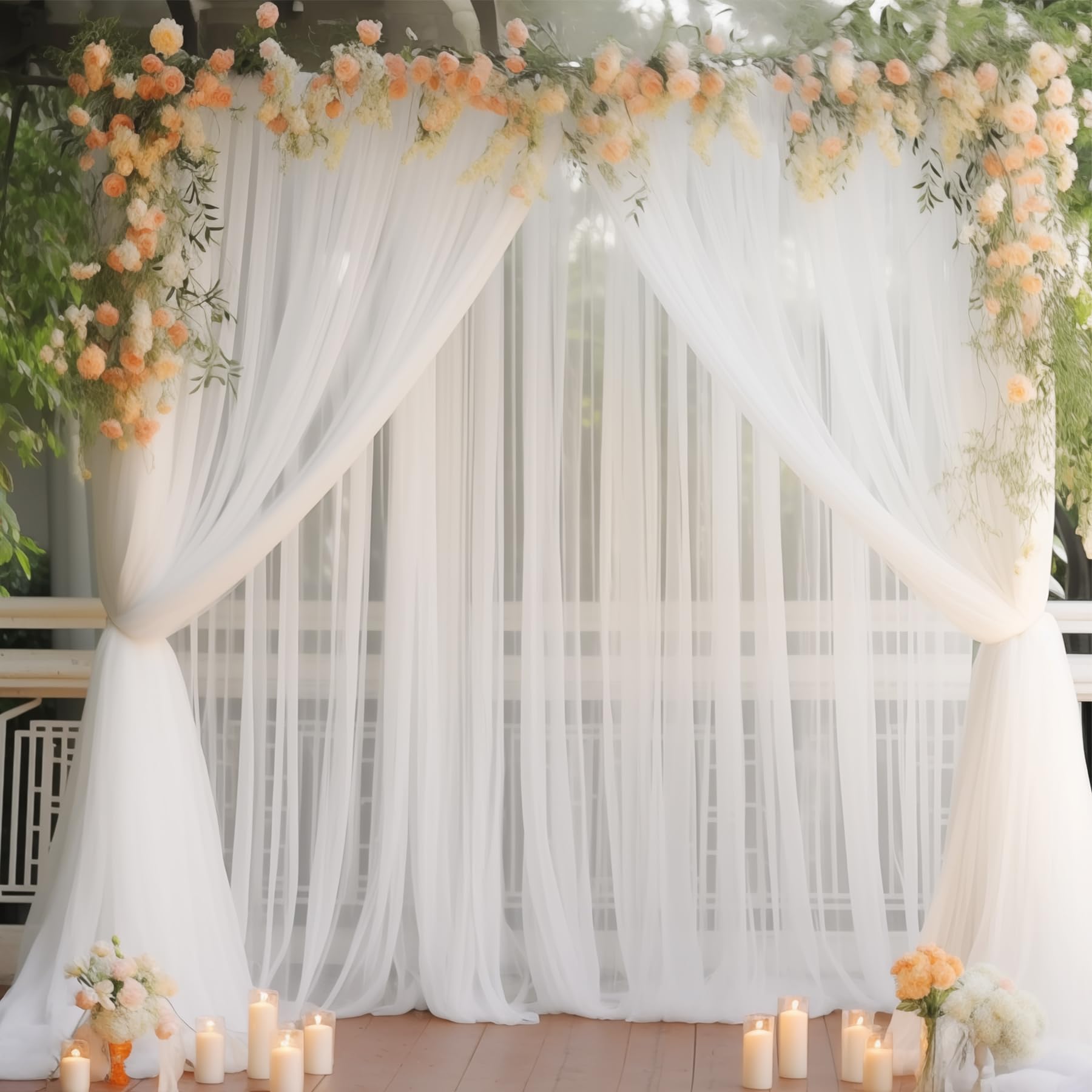 Wish Care 10X10 White Tulle Backdrop Curtains For Parties, Sheer Backdrop Curtain Wedding Photo Backdrop Drapes For Baby Shower