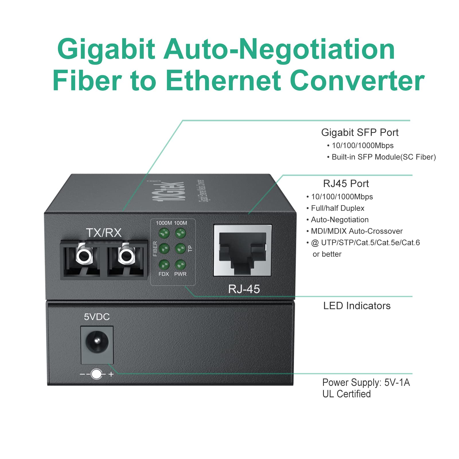 Gigabit Single Mode Sc Fiber To Ethernet Media Converter, Built In 1000Base Lx Sfp Module, 1310Nm, Smf, Duplex, Up To 20 Km, Dua