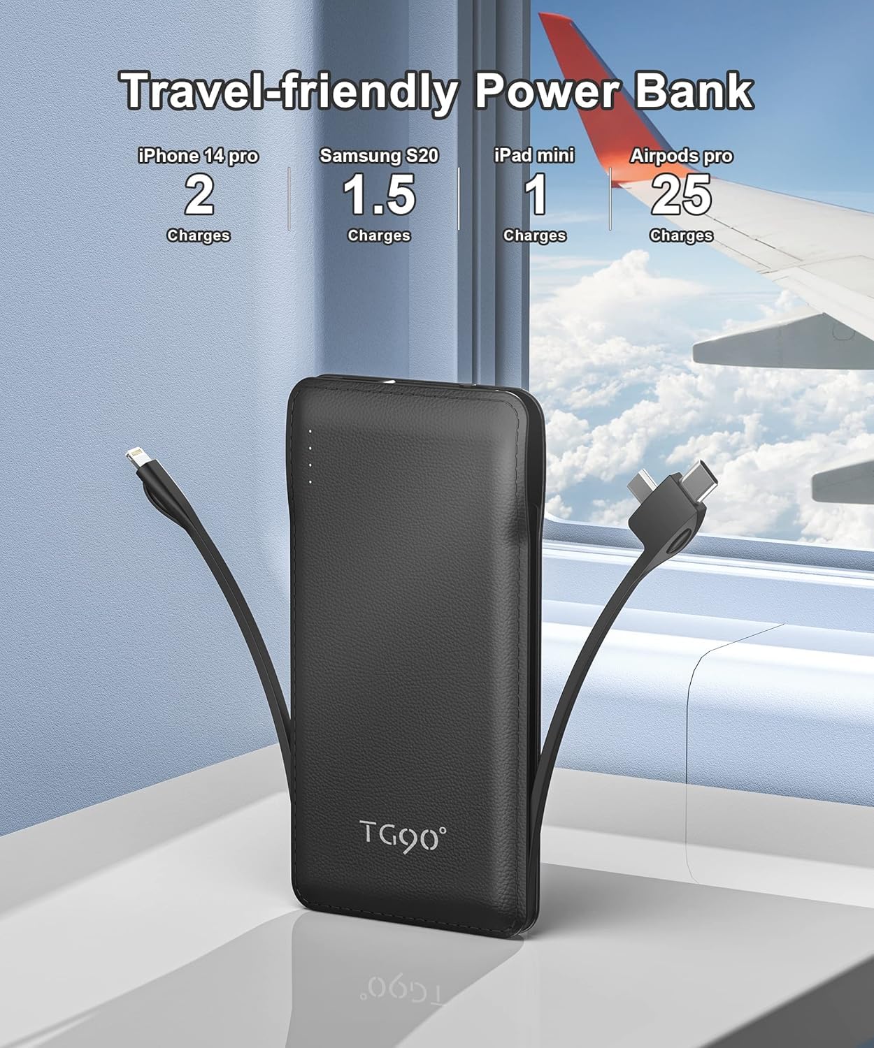 Tg90 Portable Charger With Cords 10000Mah Power Bank With Built In Cables Battery Backup Cell Phone External Battery Pack Compat