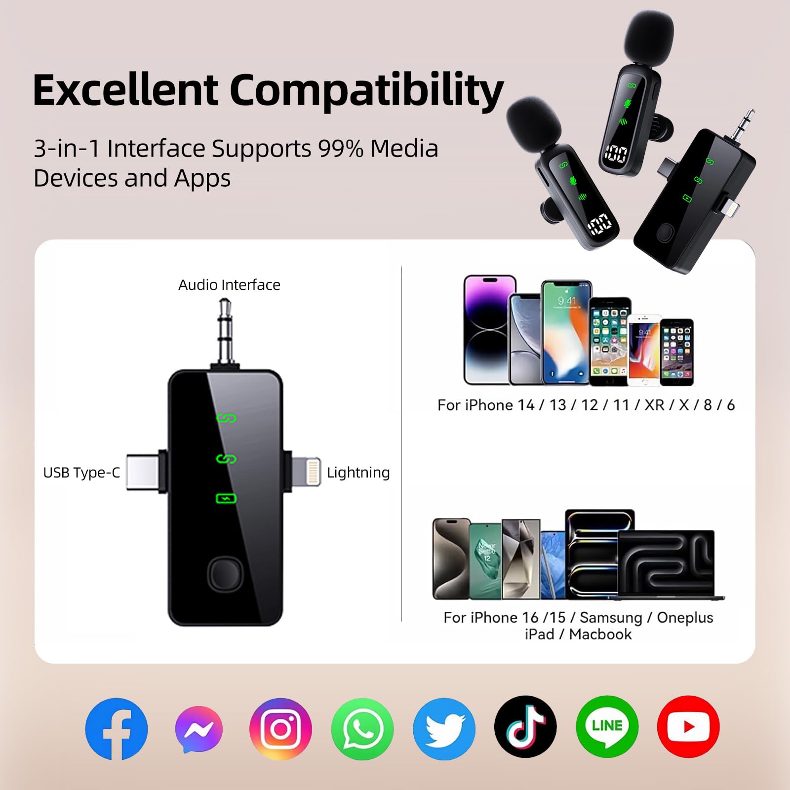 Bonkyo 3 In 1 Wireless Lavalier Microphone For Iphone & Android - Mini Video Recording Mic, Ultimate Noise Cancellation, Extende