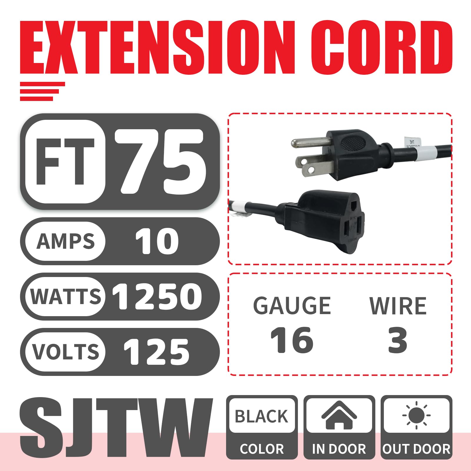 Ep 75 Ft Outdoor Extension Cord   16/3 Sjtw Black Electrical Cable With 3 Prong Grounded Plug