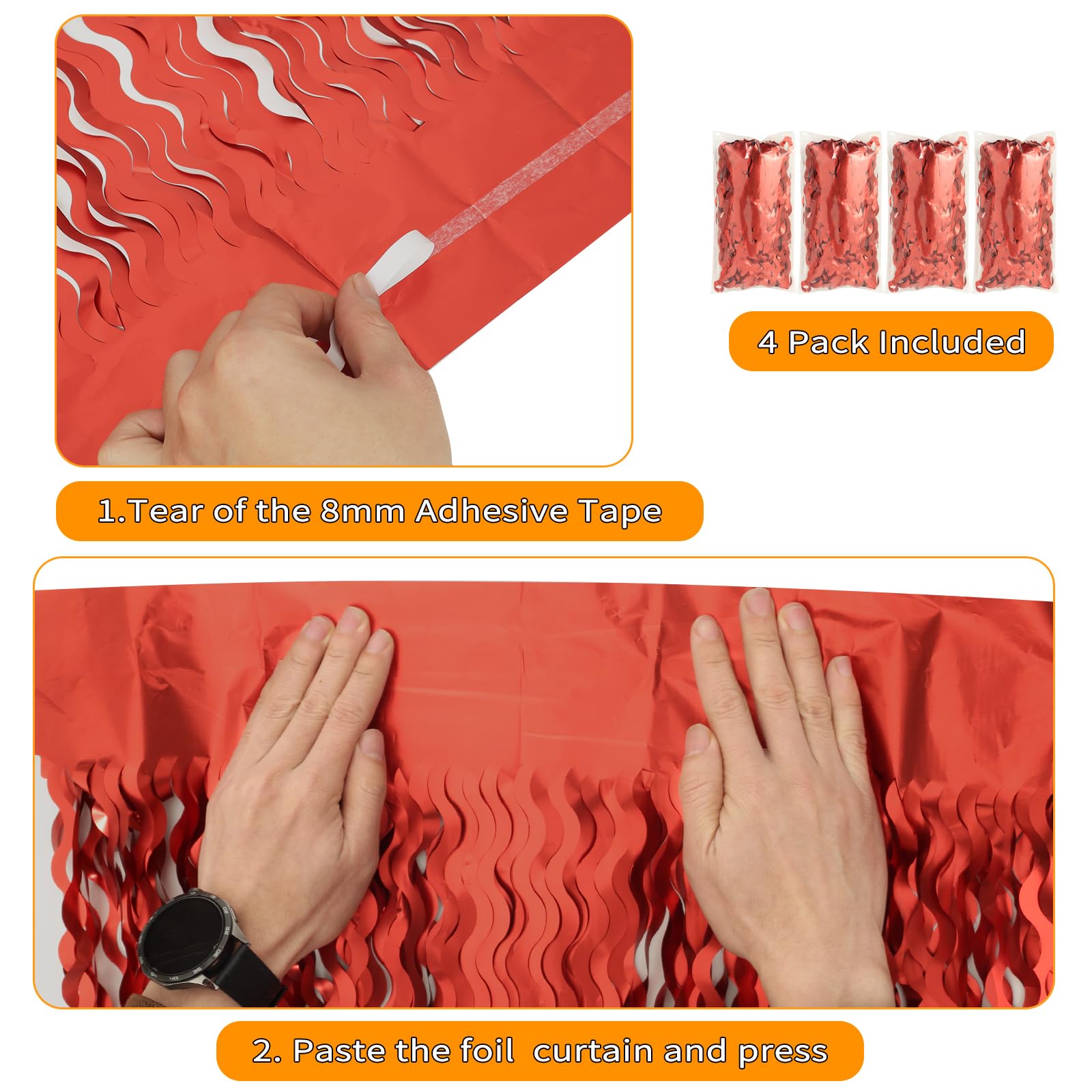 4 Pack Red Streamers Party Decorations   3.3X6.6Ft Foil Curtain Background For Birthday Decorations | Wedding | Halloween | Chri