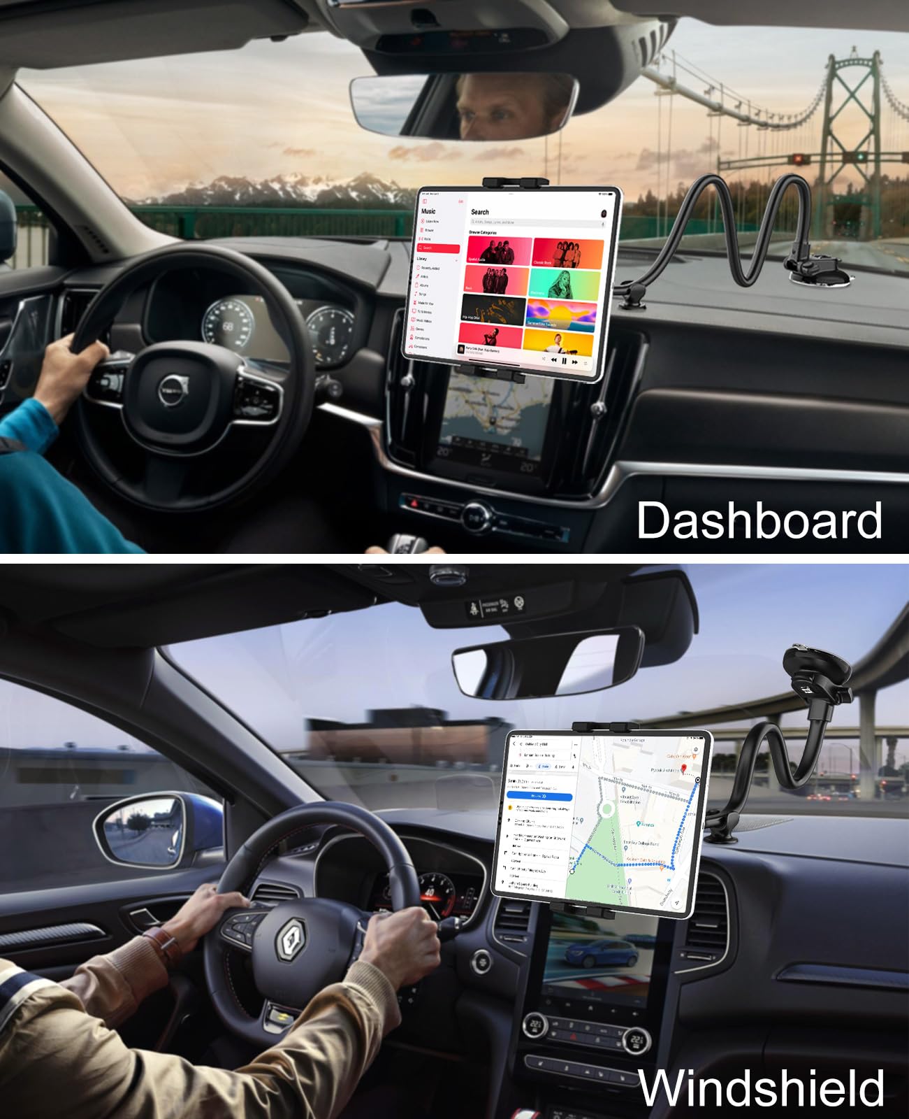 Gdzn Car Dashboard Tablet Mount, Vehicle Dash Ipad Holder, Gooseneck Long Arm Stand With Strong Sticky Gel Suction Cup For Ipad
