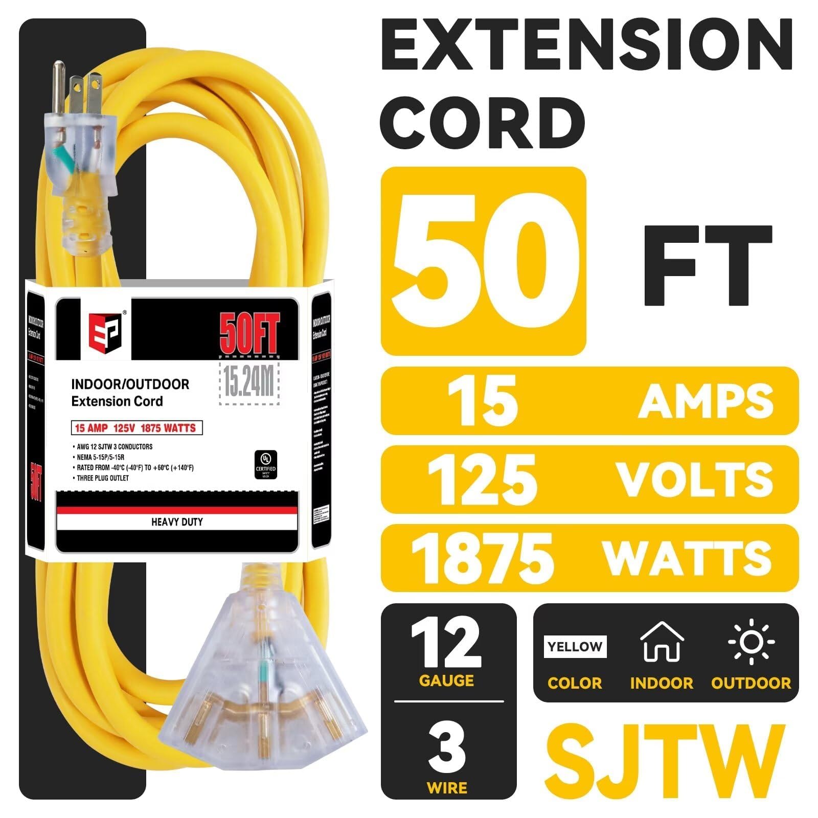 Ep 2 Pack 50 Ft 12 Gauge Heavy Duty Extension Cord, 15A 125V 1875W, 3 Outlet Indoor/Outdoor Power Cord With Lighted End, 12/3 Sj