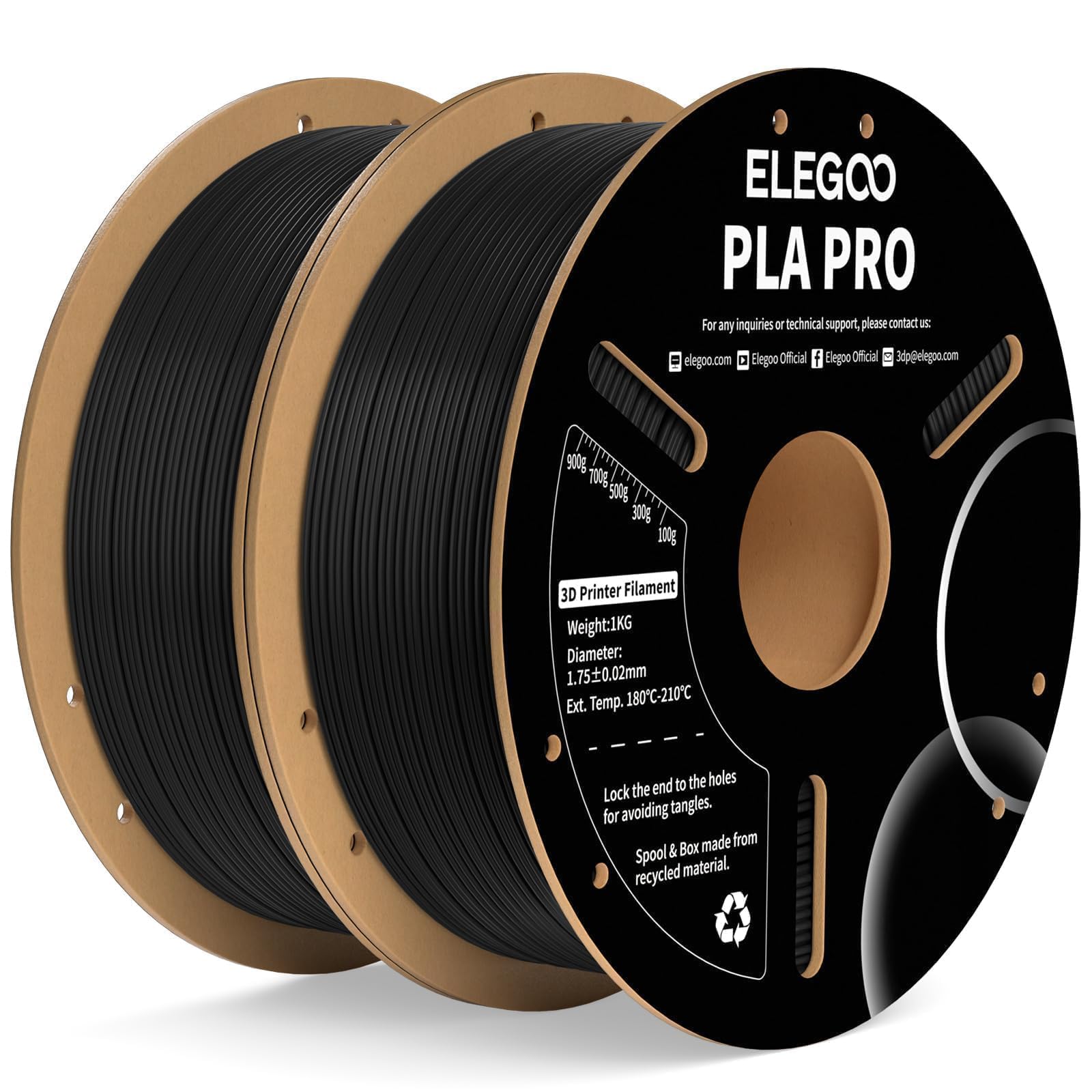 ELEGOO PLA PRO Filament 1.75mm Black 2KG, Improved Rigidity Easy to Print 3D Printer Filament Dimensional Accuracy +/- 0.02mm, 2