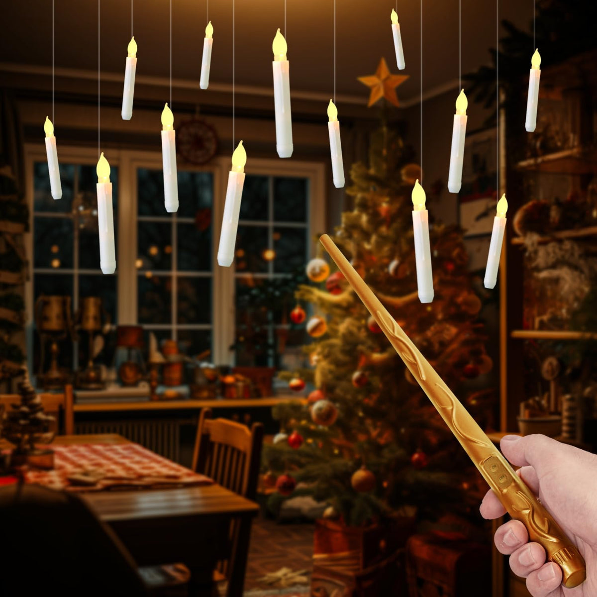 Floating Candles With Wand, 12 Pcs Magic Hanging Candles Flameless, Flickering Warm Light Led Taper Candle With Wand Remote, Bat