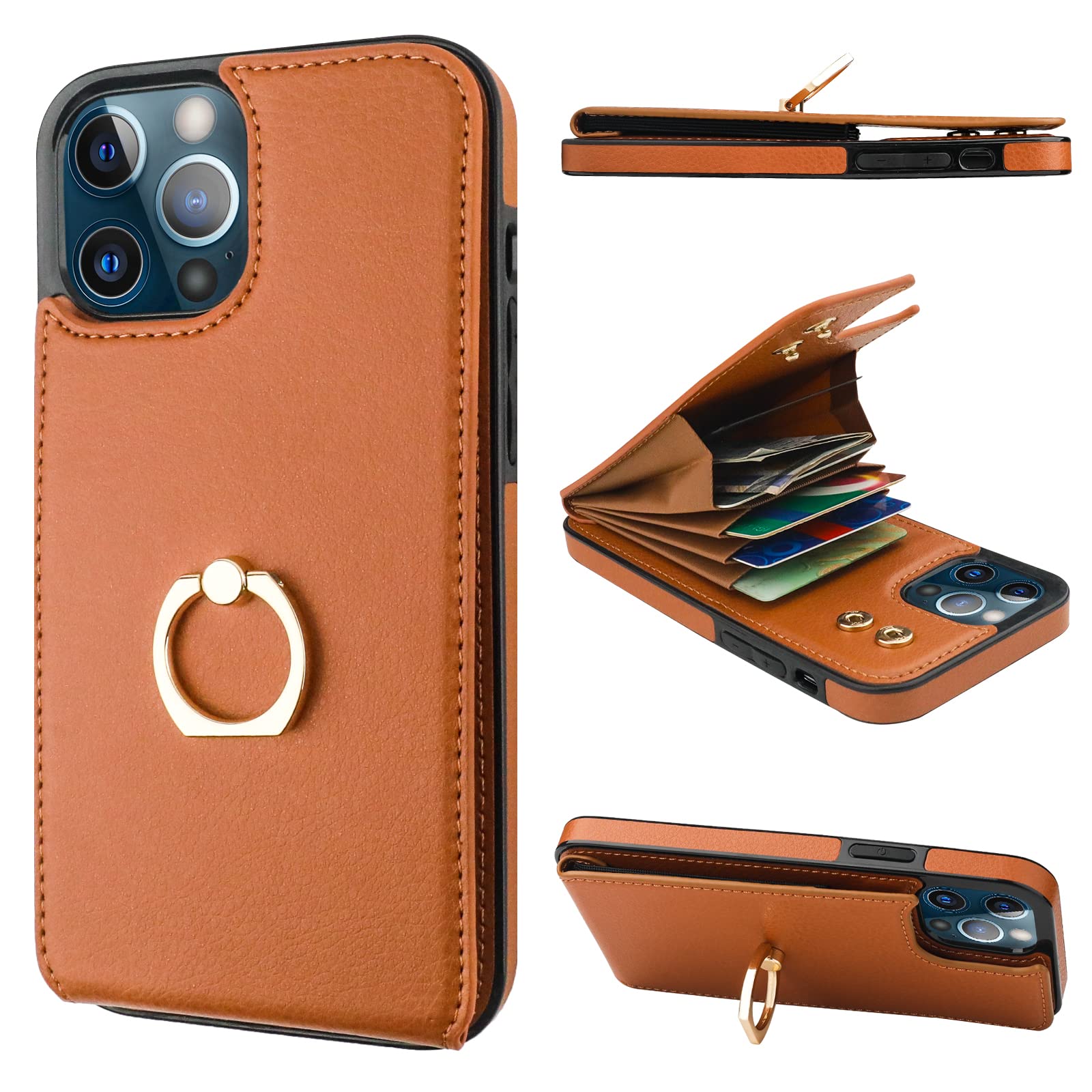 Folosu Compatible With Iphone 12 Pro Max Case Wallet With Card Holder, 360   Rotation Finger Ring Holder Kickstand Protective Rf