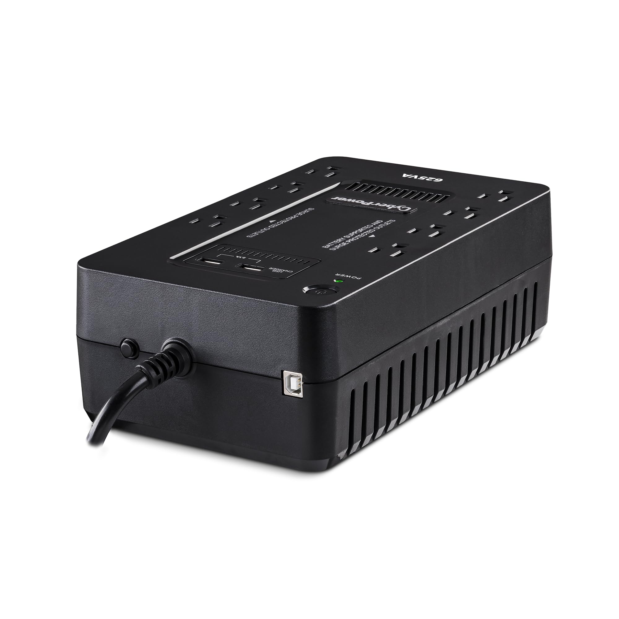 Cyberpower St625U Standby Ups System, 625Va/360W, 8 Outlets, 2 Usb Charging Ports, Compact, Black