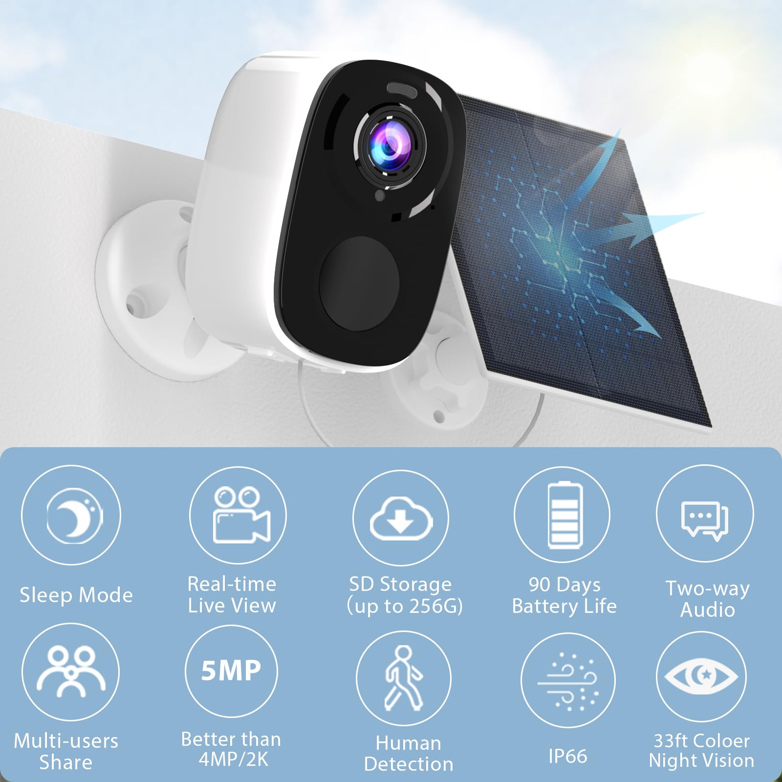 Rraycom 5Mp Solar Security Cameras Wireless Outdoor With Solar Panel, 2K Qhd Wifi Wireless Camera For Home Security With Color Night Vision, Motion Detection, 2 Way Talk, Compatible With Alexa