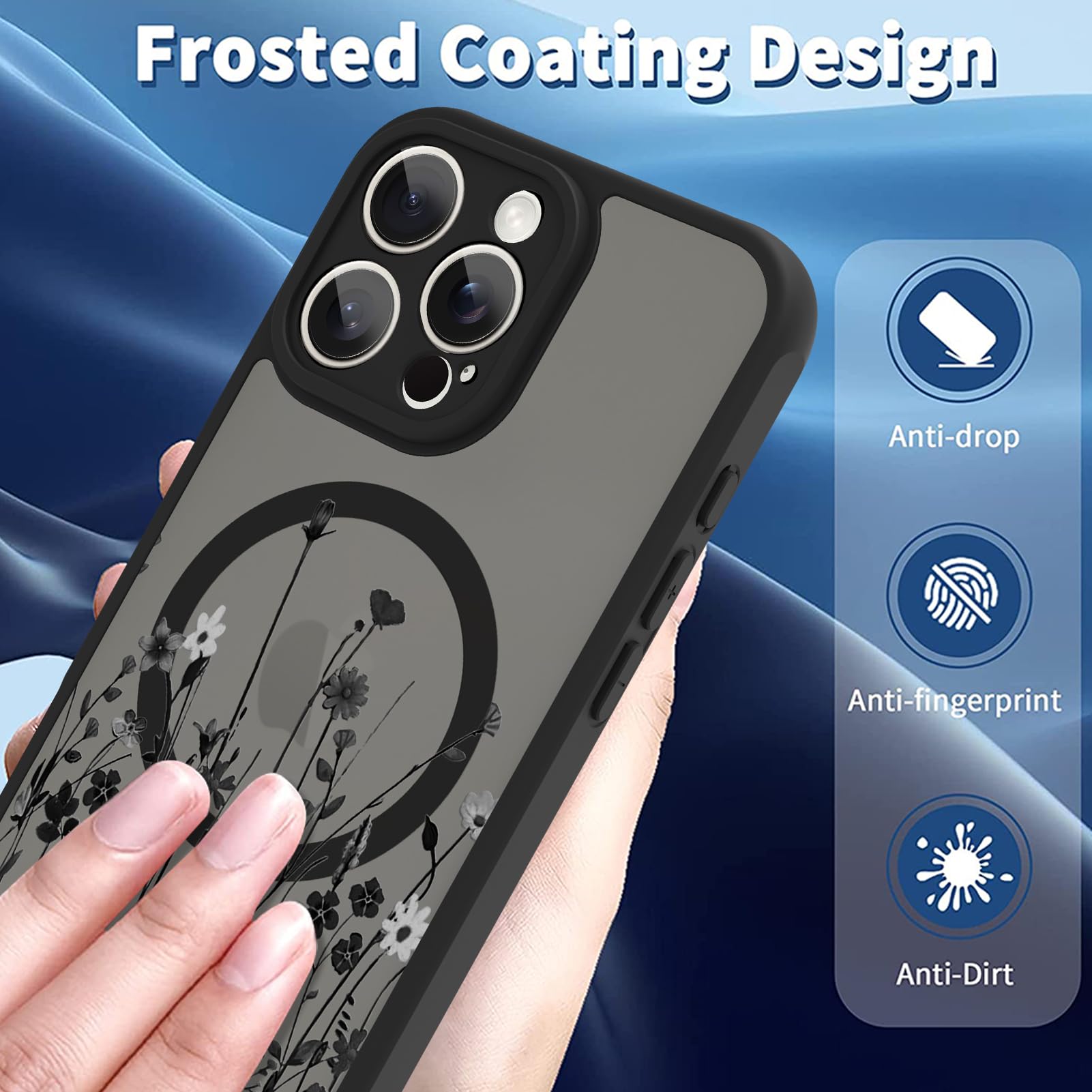 Ook Magnetic For Iphone 16 Pro Case [Compatible With Magsafe] Black Wild Flower Slim Translucent Matte Case For Iphone 16 Pro Ca