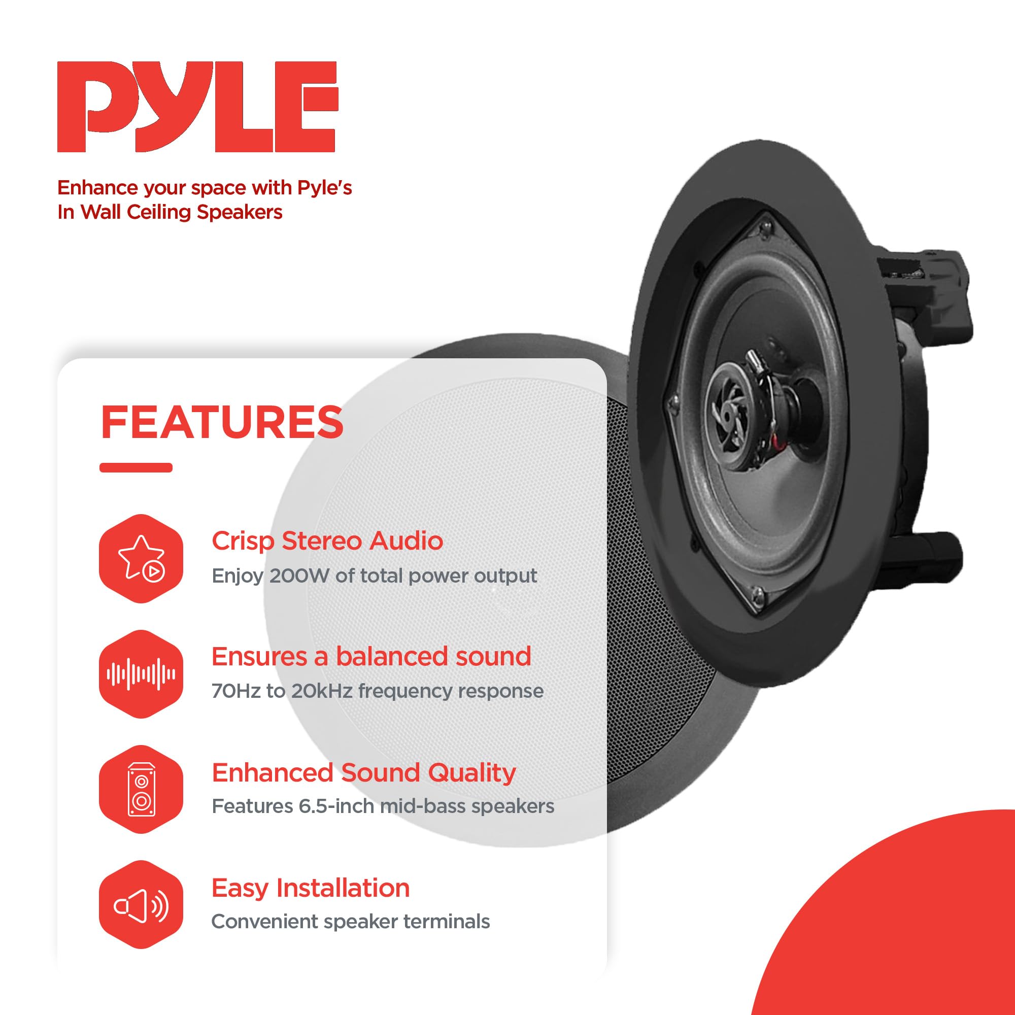 Pyle Pdic61Rdbk In Wall / In Ceiling Dual 6.5 Inch Speaker System, 2 Way, Flush Mount, Black (Pair)