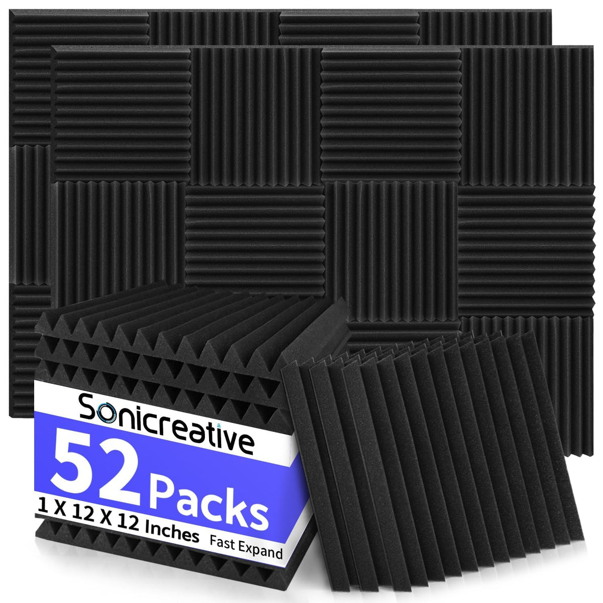 Sonicreative 52 Pack Acoustic Foam Panels 1 X 12 X 12 Inches Sound Proof Foam Panels For Walls High Density Studio Wedge Soundpr