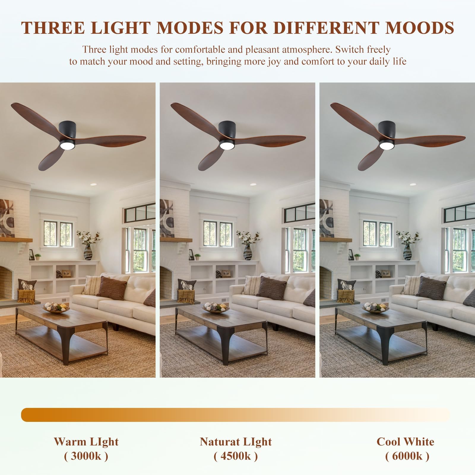 52 Inch Low Profile Ceiling Fan With Lights, Flush Mount Ceiling Fan, 3 Wood Blades, Noiseless Dc Motor   Timer Function, 6 Adju