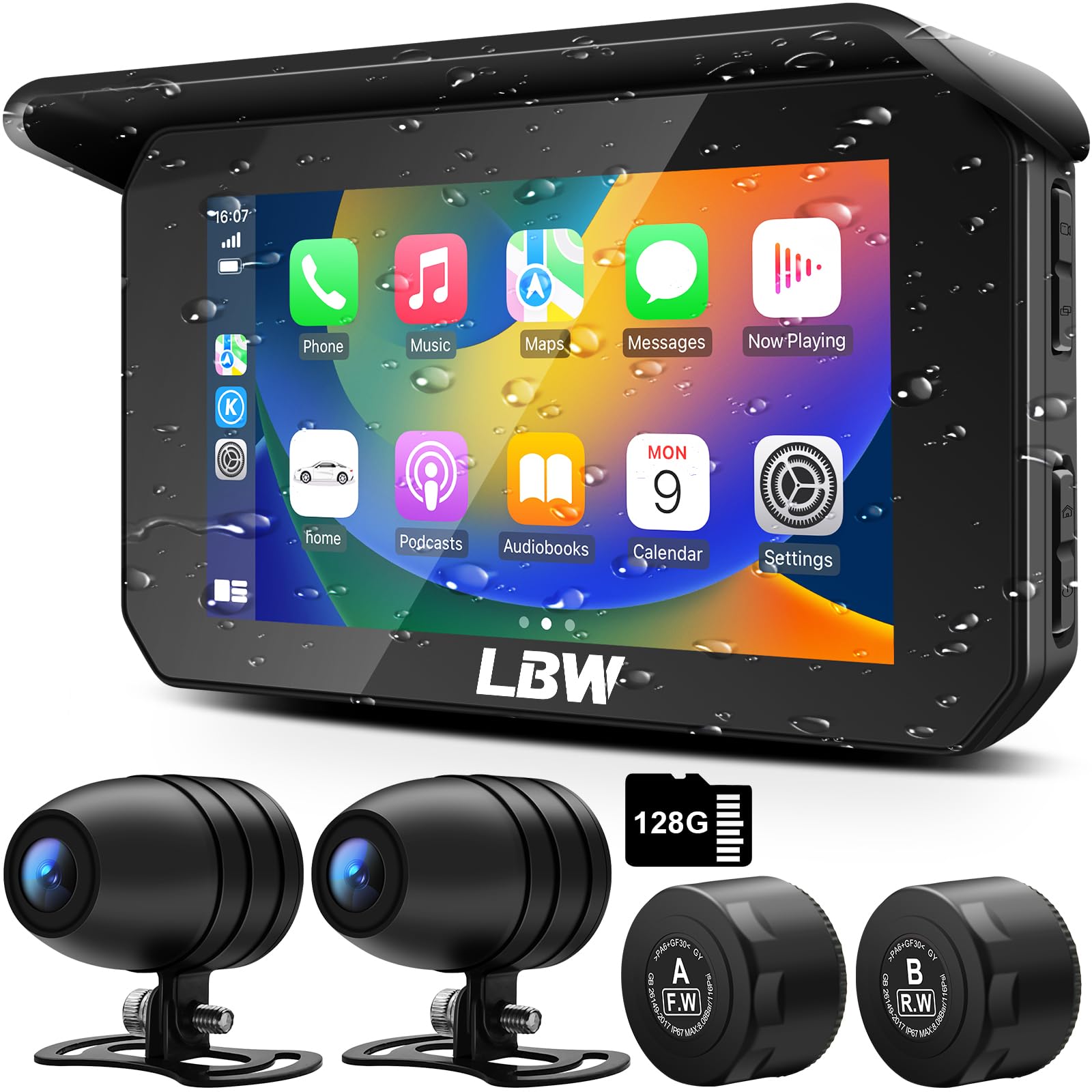 Lbw Professional Motorcycle Dash Cam, Wireless Apple Carplay, Android Auto, Tpms, Front & Rear Hd 1080P Camera (Imx307 Chip), Mo