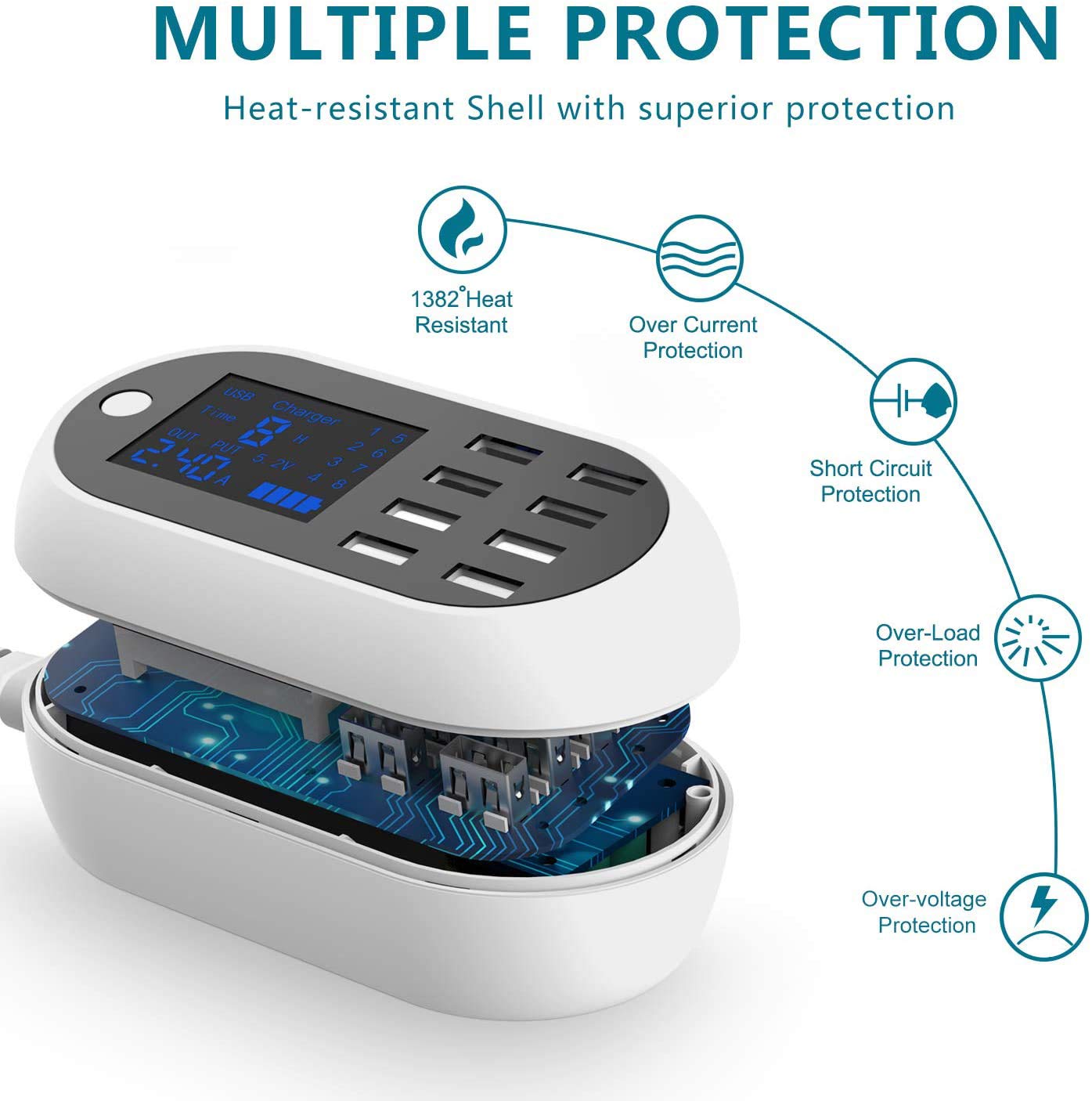 60W/12A 8-Port Charging Station Multiple Usb, Multi Port Usb Charging Hub With Lcd For Multiple Devices Smart Phones, Tablet And