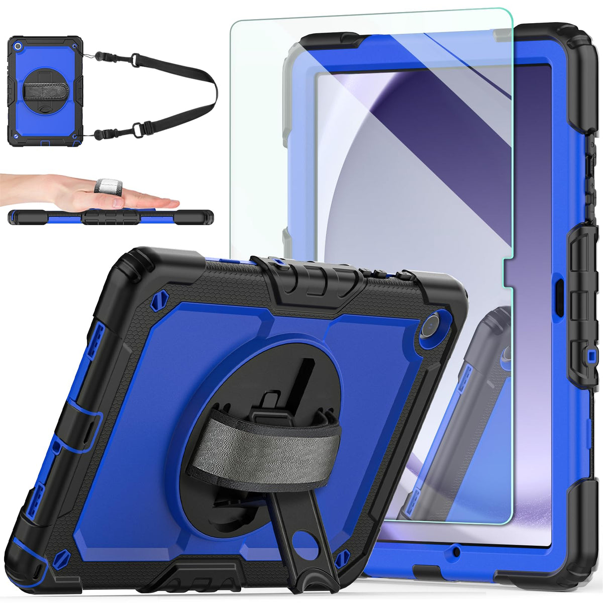 Samsung Galaxy Tab A9+ Case 11'' 2023, [Kids Proof] Ambison Full Body Protective Case With 9H Tempered Glass Screen Protector, 360° Rotatable Kickstand & Hand Strap (Blue)