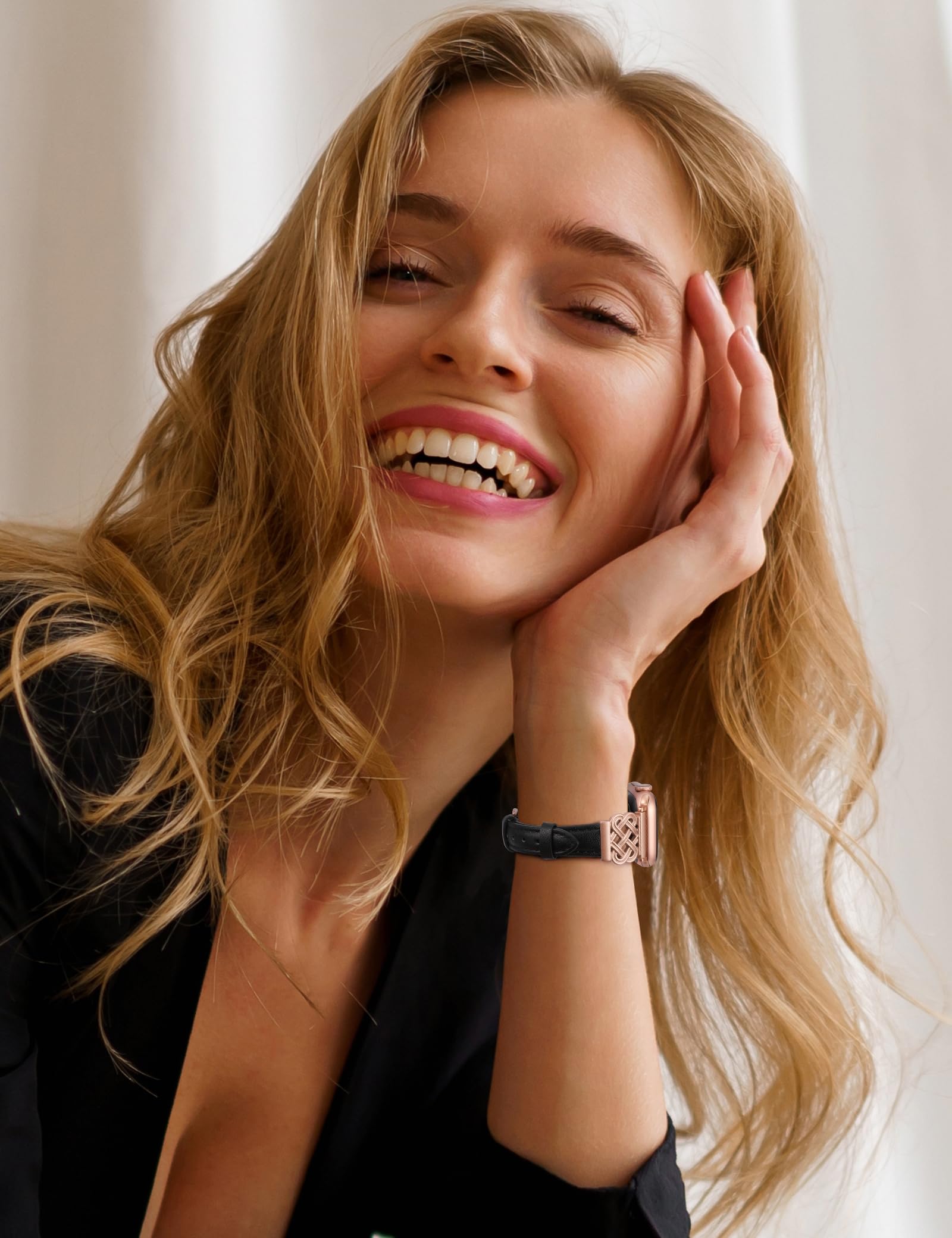 Toyouths Leather Band Compatible With Apple Watch Bands Women 42/44/45/46/49Mm Dressy Slim Thin Strap With Designer Interlock Bu