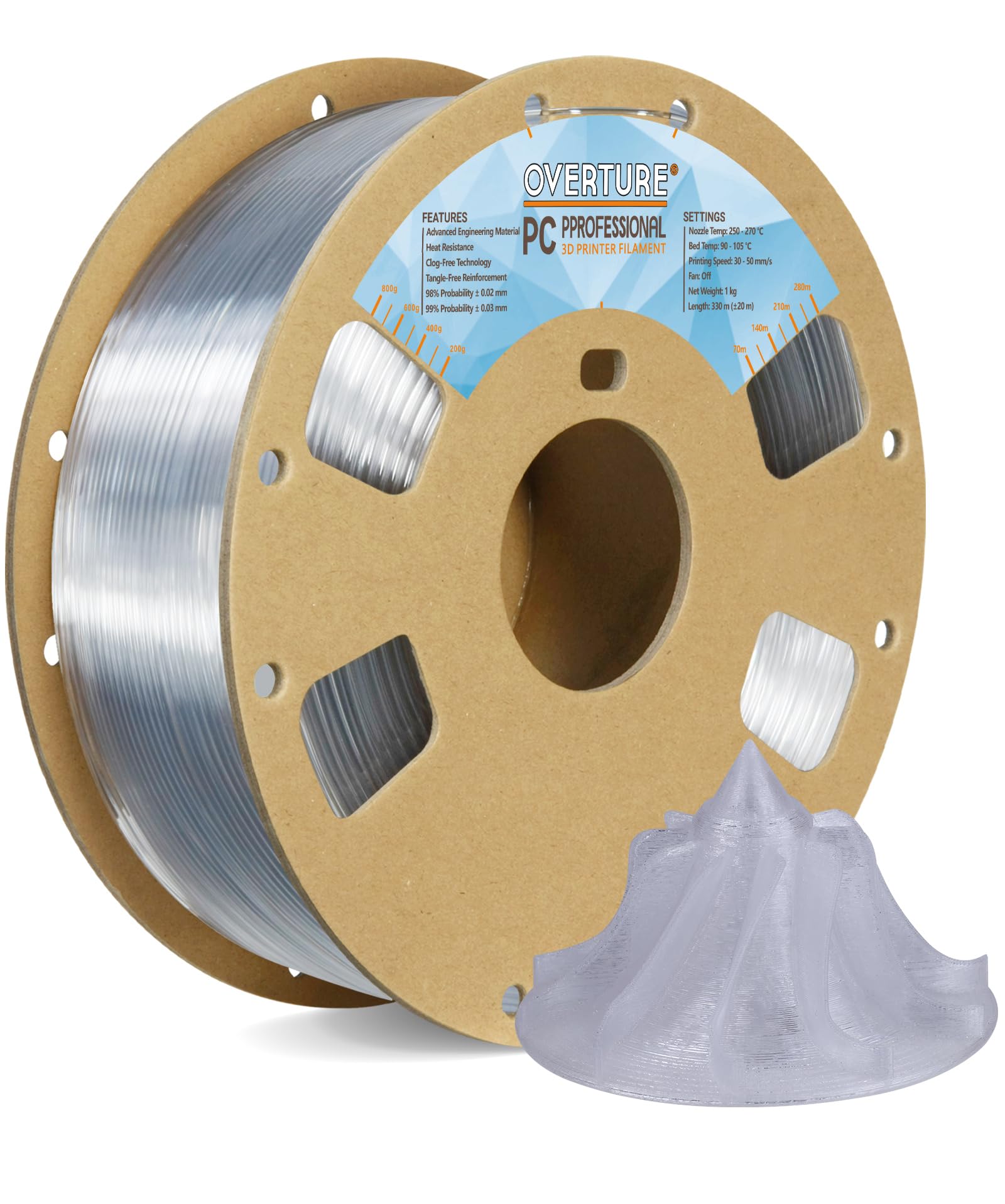 Overture Pc Profeesional Filament, Cardboard Spool, 1Kg(2.2Lbs), Dimensional Accuracy 99% Probability +/  0.03Mm, Fit Most Fdm P