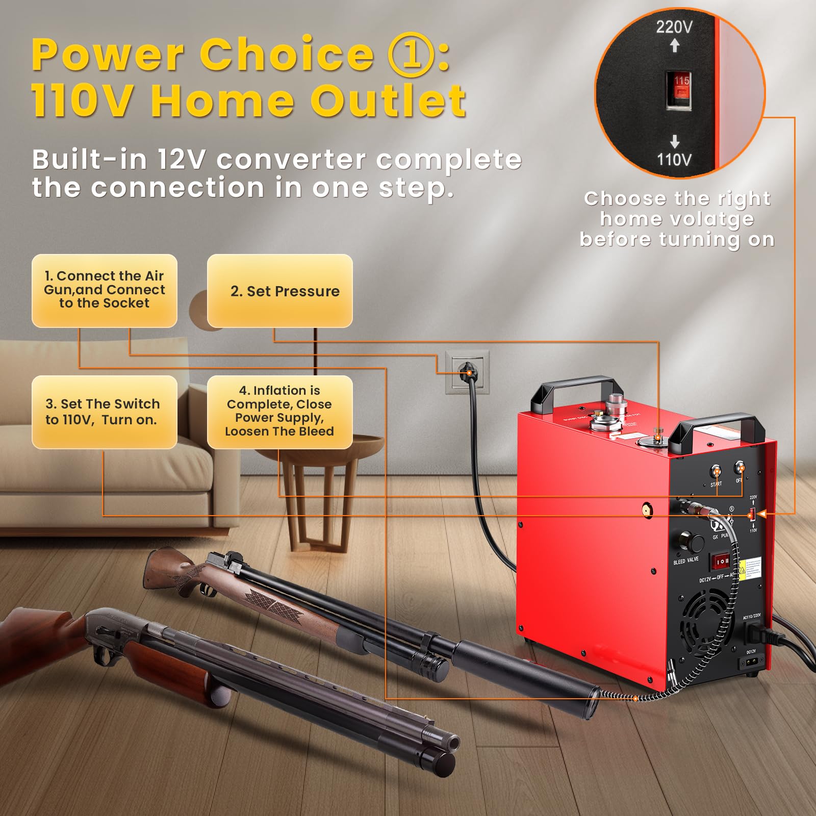 GX Pump Portable PCP Air Compressor, 350W, Max 5800Psi, Model GX-E-CS4-I, Red/Black, Built-in Converter, Water Cooling, 12V Auto Stop