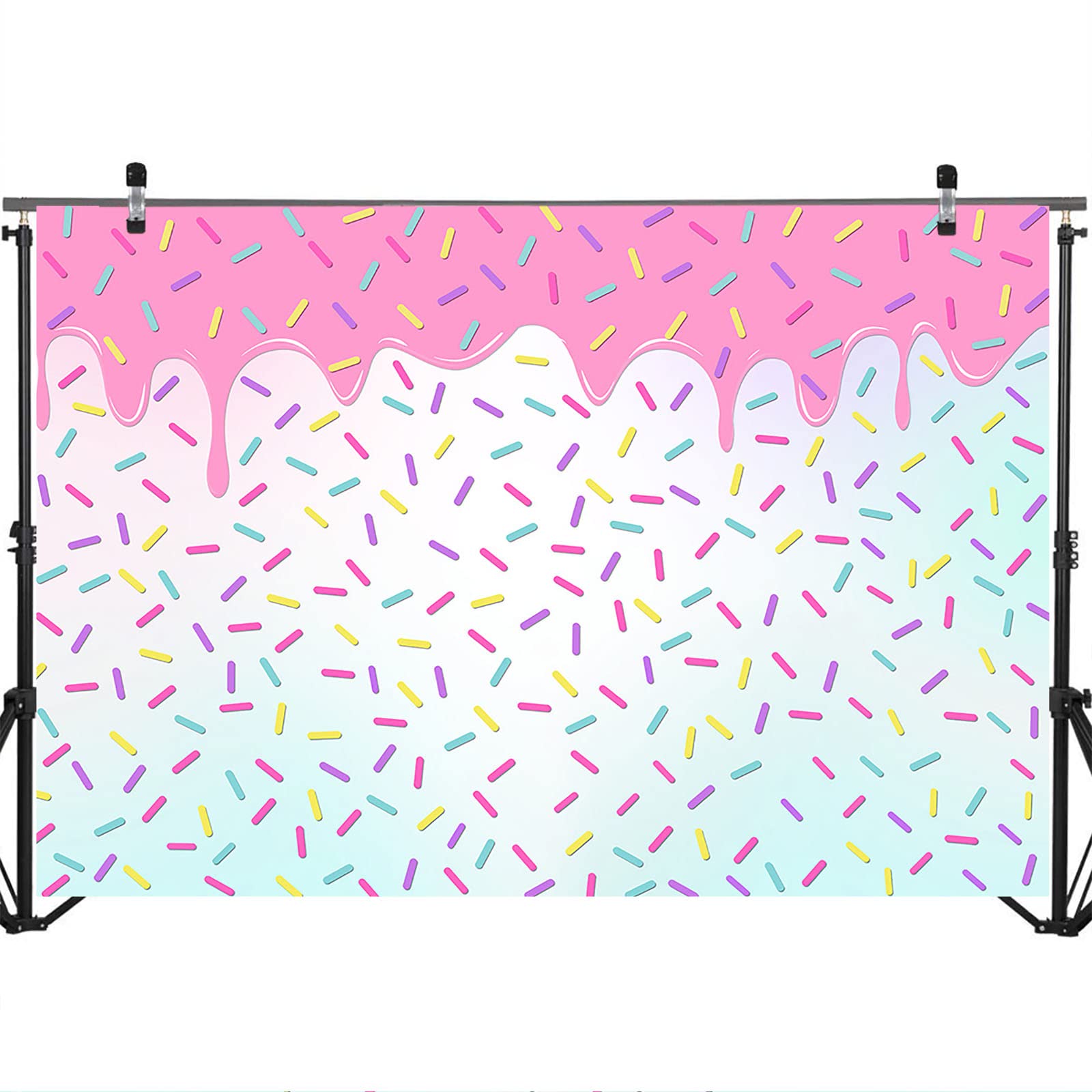 Mocsicka Donut Backdrop - Colorful Confetti Sprinkle Party Decorations, Vinyl, 10x8ft, Pink, Model WCJ-HT-2182