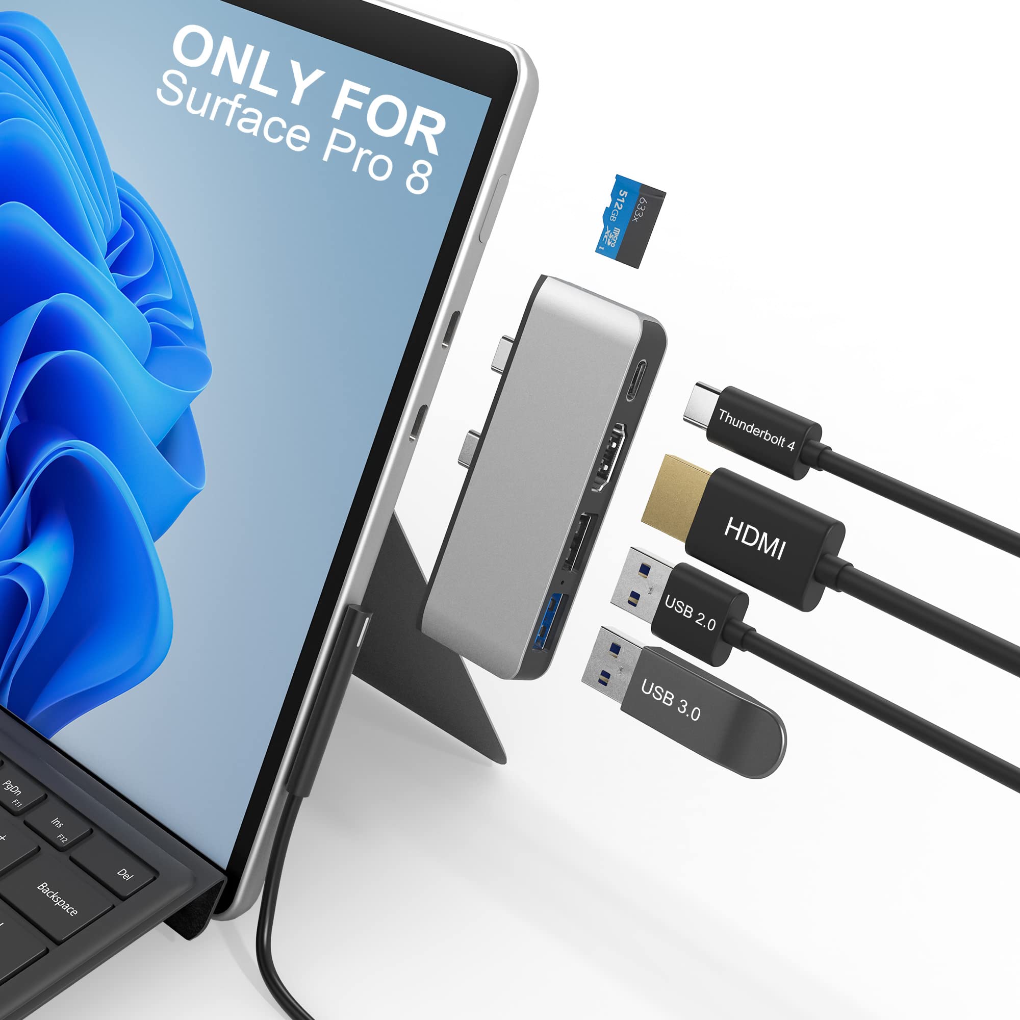 Surface Pro 8 Hub Docking Station with 4K HDMI, USB-C Thunerbolt 4 (Display+Data+PD Charging), USB 3.0, USB 2.0, TF Card Slot, T
