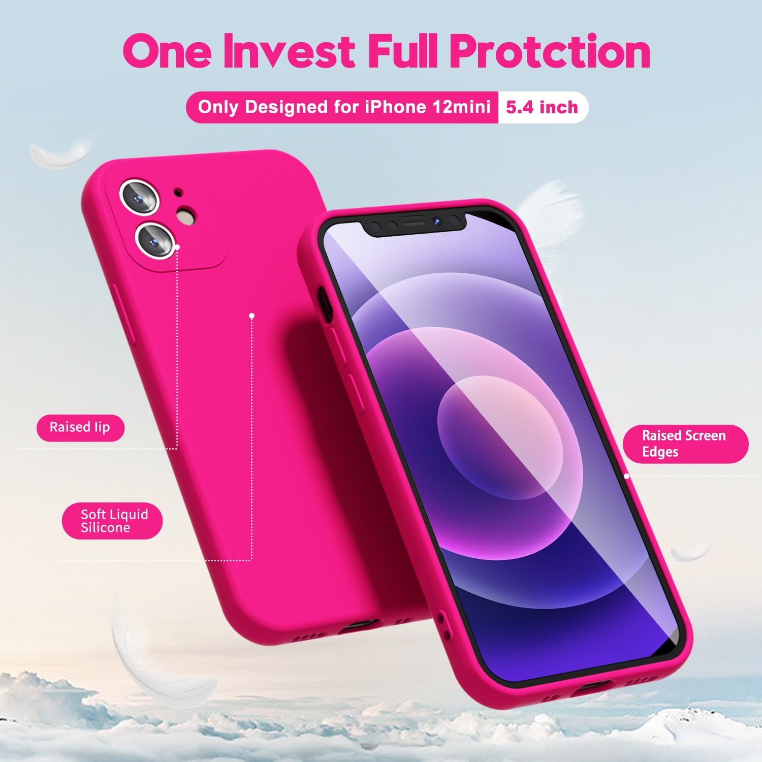 Oakxco For Iphone 12 Mini Case Liquid Silicone, Neon Bright Solid Color, Soft Rubber Gel Elegant Aesthetic Cover, Thin Slim Tpu