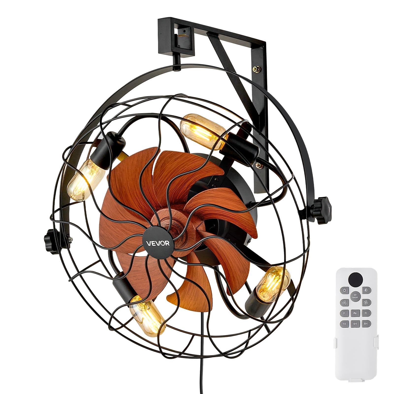 VEVOR 21 Inch Wall Mounted Fan with Lights, Ceiling Fan with Remote, 6-Speed Plug-in Wall Fan with Timer, 360 Tilt, for Bedroom,