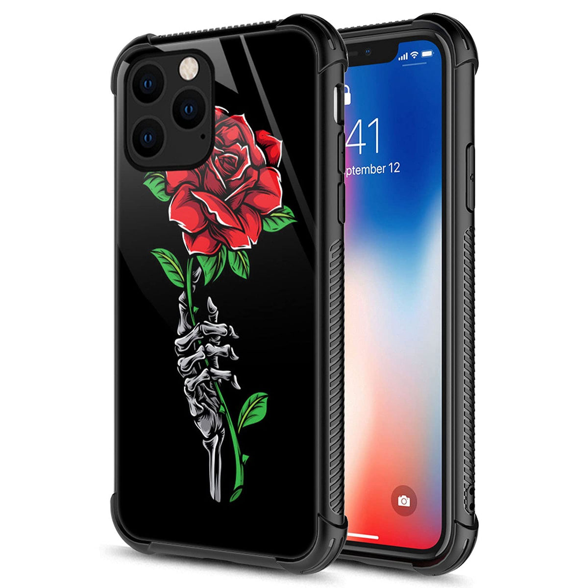 Carloca Compatible With Iphone 13 Case,Hand Skeleton Holding Rose Graphic Design Shockproof Anti Scratch Drop Protection Case Fo