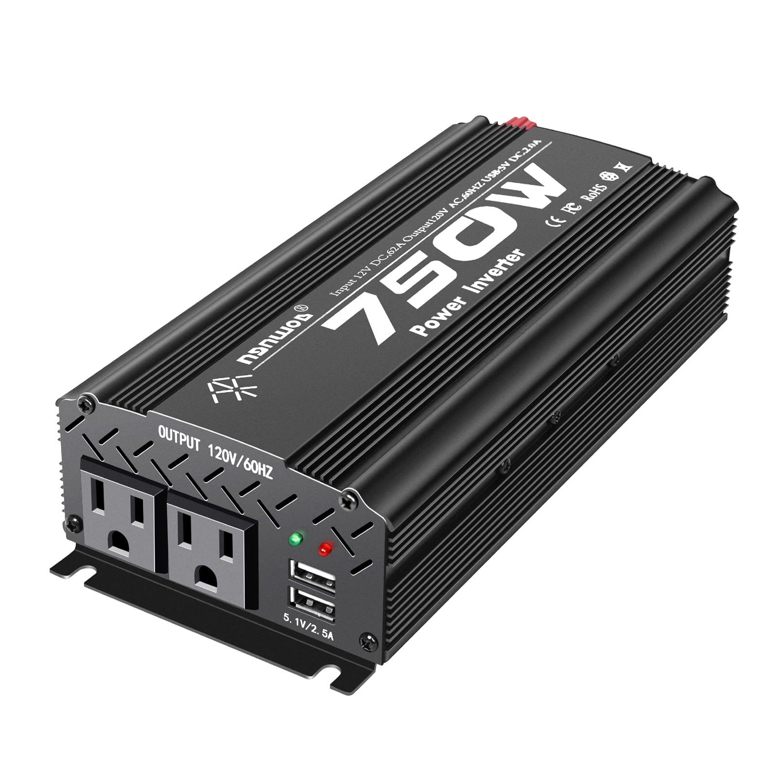 Tebrol 750W Black Car Power Inverter, 12V to 110V/120V, 2 AC Outlets, 2 USB Ports, Battery Clamps, Ideal for Vehicles, Trucks, C