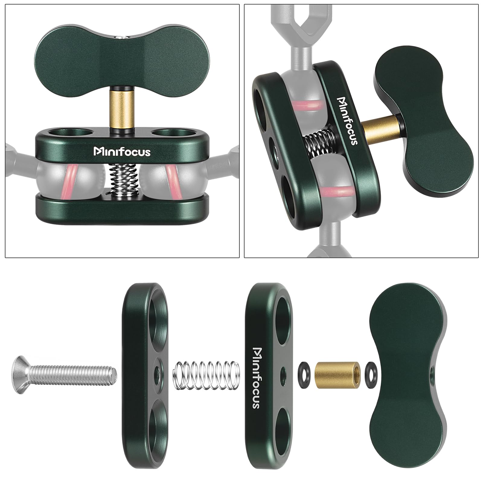 Minifocus Aluminum 1'' Ball Clamp Mount, Double Socket Arm, 360 Spring Clip Adapter Bracket Holder For Underwater Diving Photogr