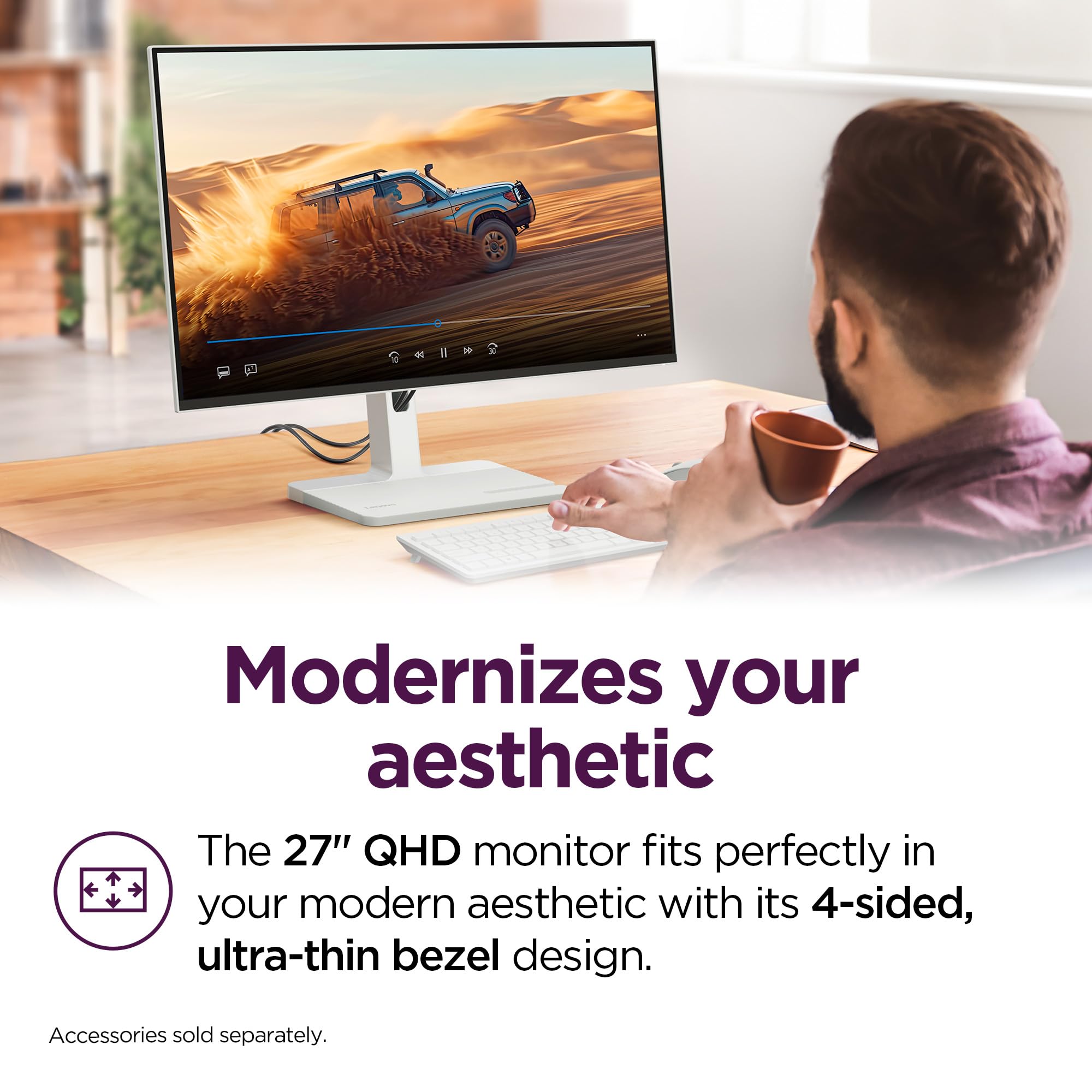 Lenovo L27H-4A Monitor, 23.8 Qhd Ips Panel Display, 100Hz, Hdr10, Usb-C- Waves Maxxaudio, 1Ms Mprt, Cloud Grey Nearedgeless Desi